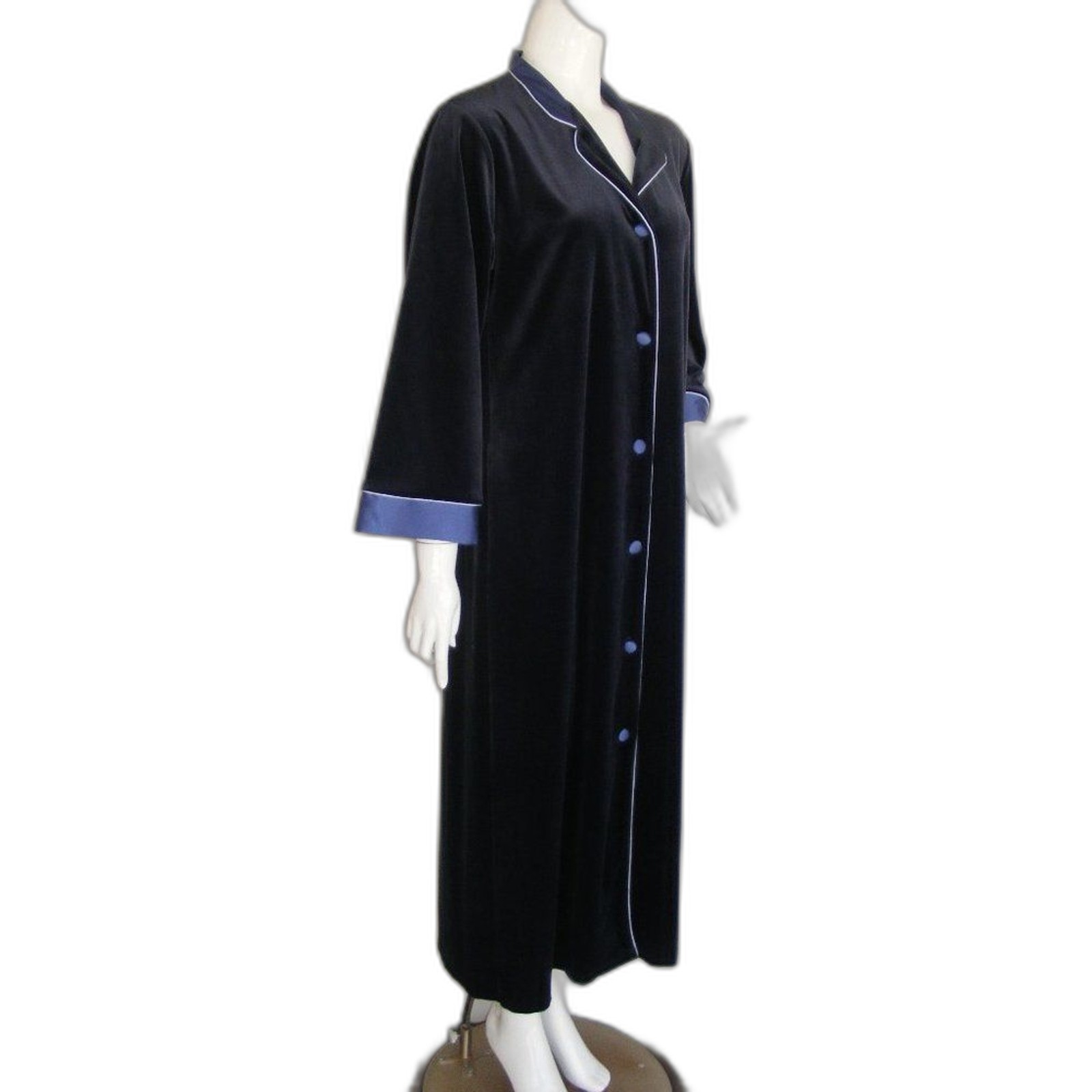 HALSTON Robe, M, Dark Blue, Velour/Satin, Vintage, Long sleeve, button front,