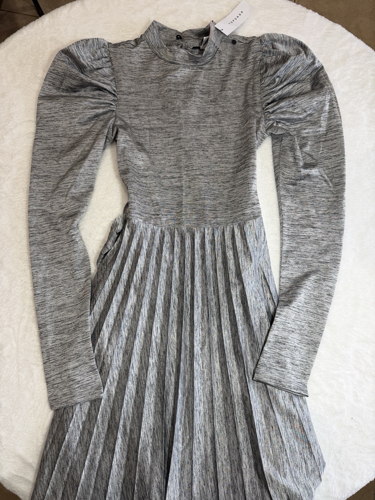 Topshop Gray Heather Mock Neck Puff Sleeve Pleated A-Line Maxi Dress 2