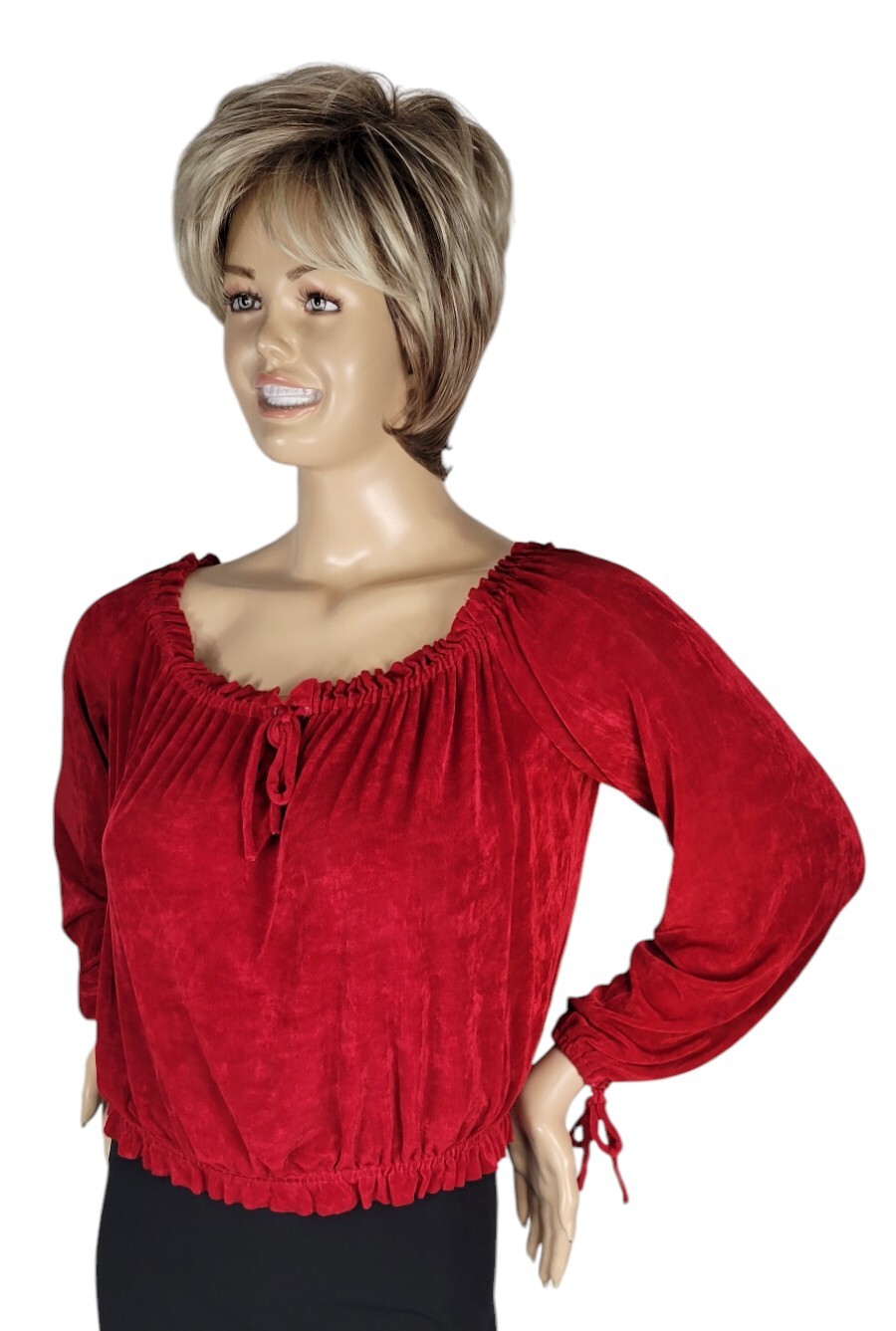 Vintage Banjo Dallas Tx Red Slinky Stretch Ruffle & Tie Cropped Top Blouse XL