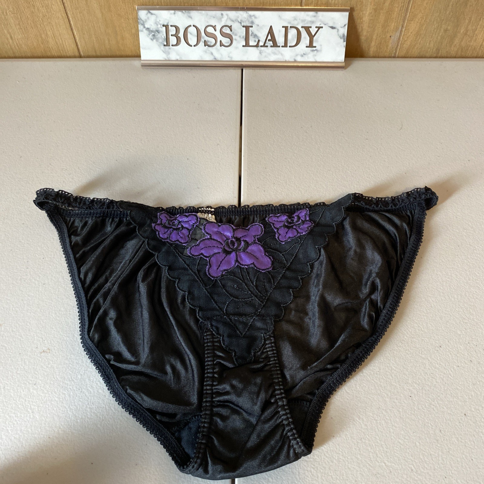 Vintage Unbranded 100% Nylon String Bikini Black Mesh Insert Purple Floral Sz 7L