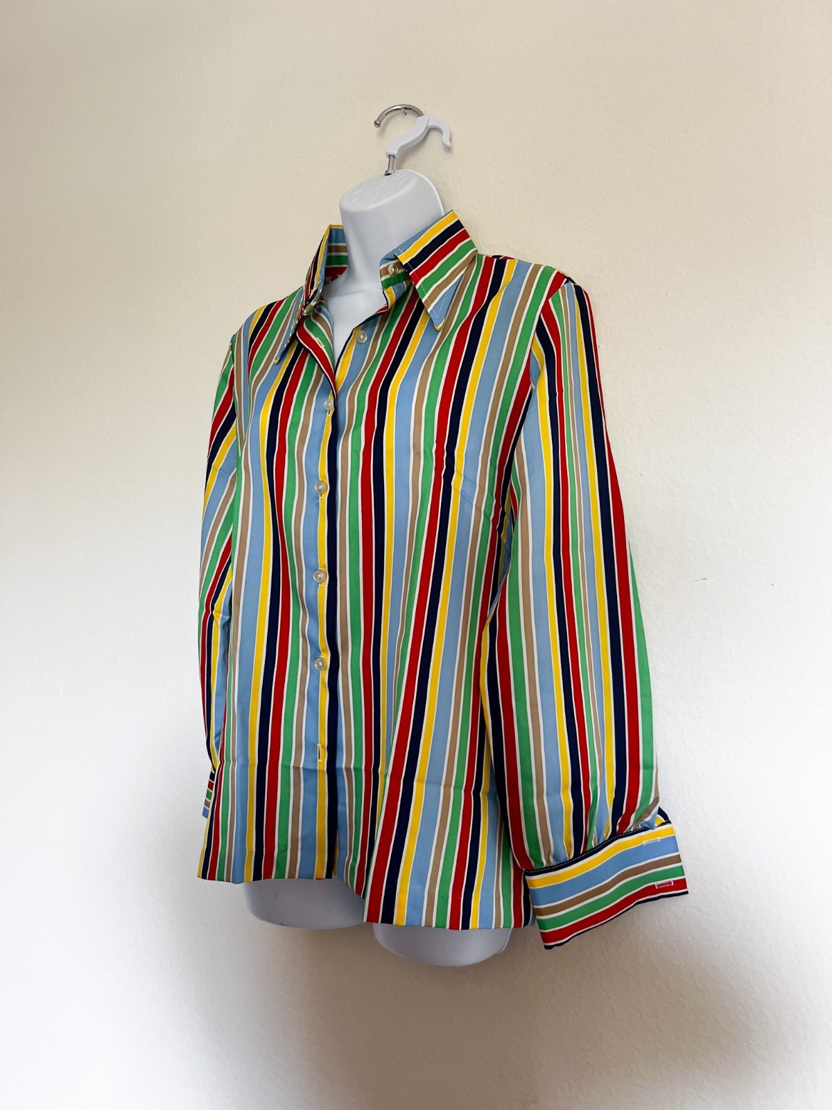 Vintage 70’s Spiegel Colorful Polyester Blouse Shirt Button Up Striped Size 10