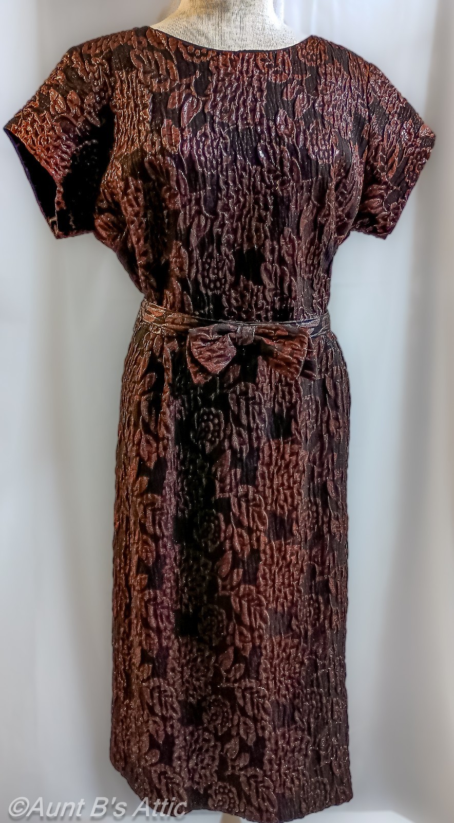 Vtg 60s Brown Raised Silk Jacquard Sheath Wiggle Dress W/ Belt Vtg Size 20 1/2