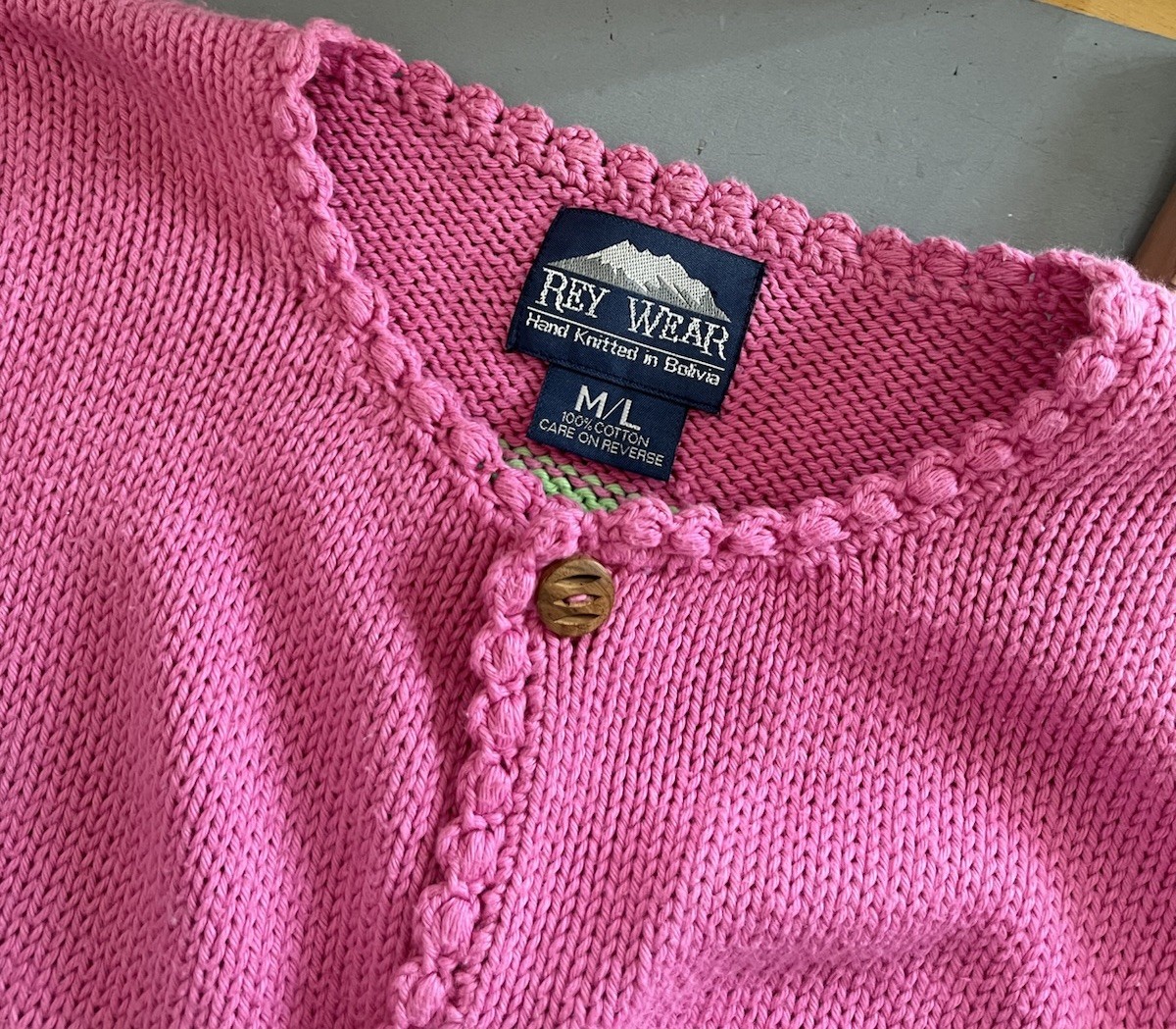 Vtg 90s REY WEAR Bolivian Hand Knit Bold Geo Candy 🍭 Pink Cardigan Sweater-M/L
