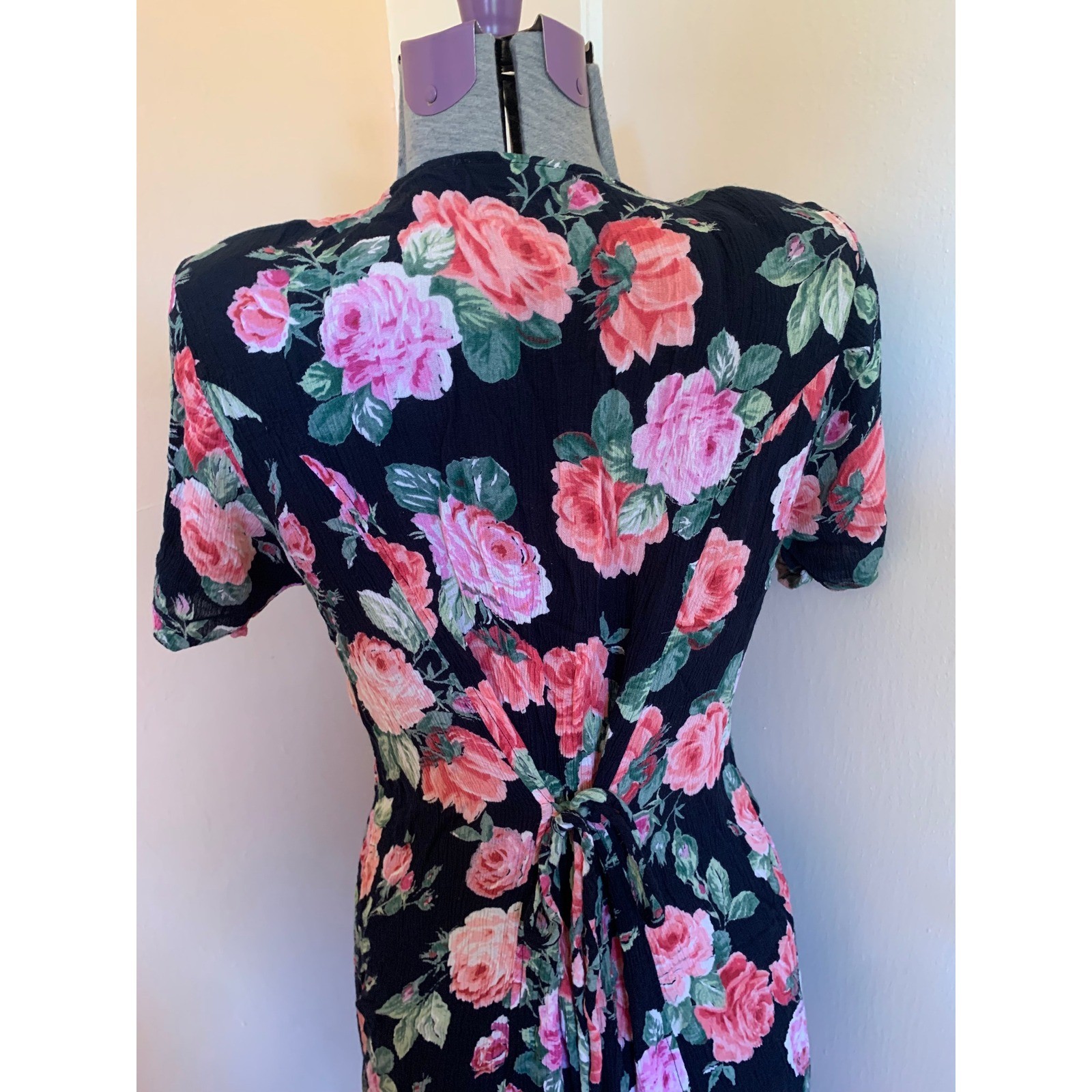 La Cera Vintage 90s Floral Rayon Crepe Midi Dress XL Black Pink Rose Cottagecore