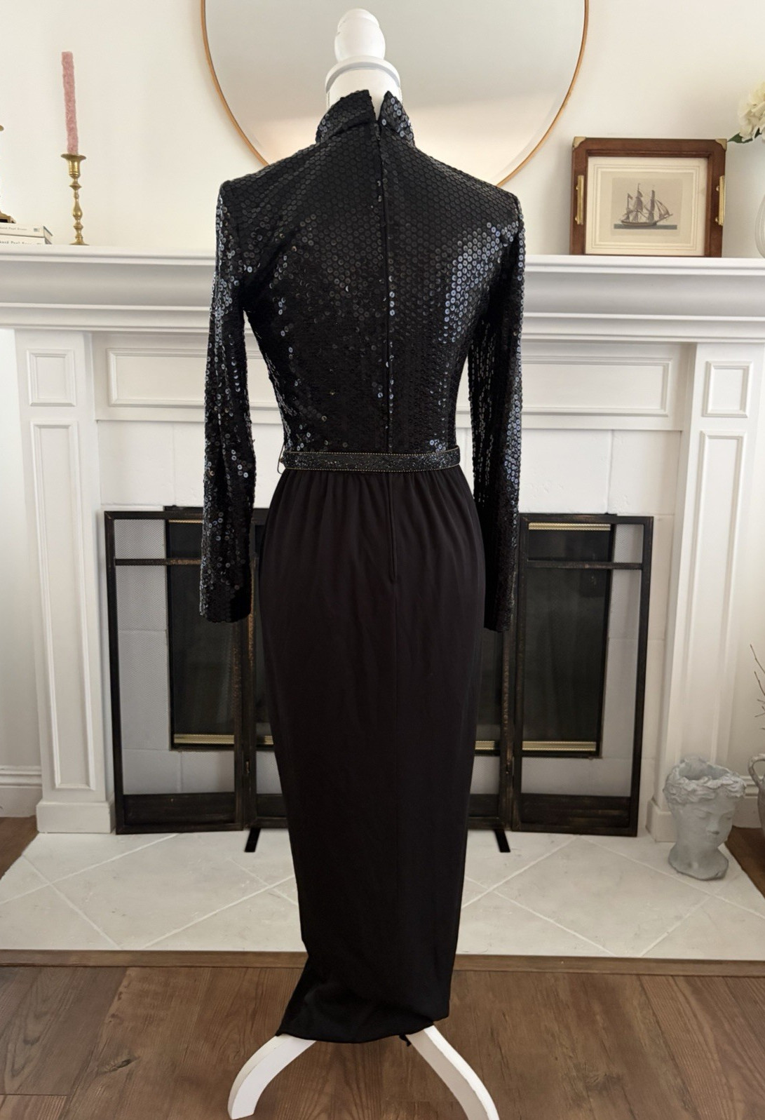 Vintage Dominic Rompollo Dress Gown Sz 6 Black Sequins Gold Belt Long Sleeve