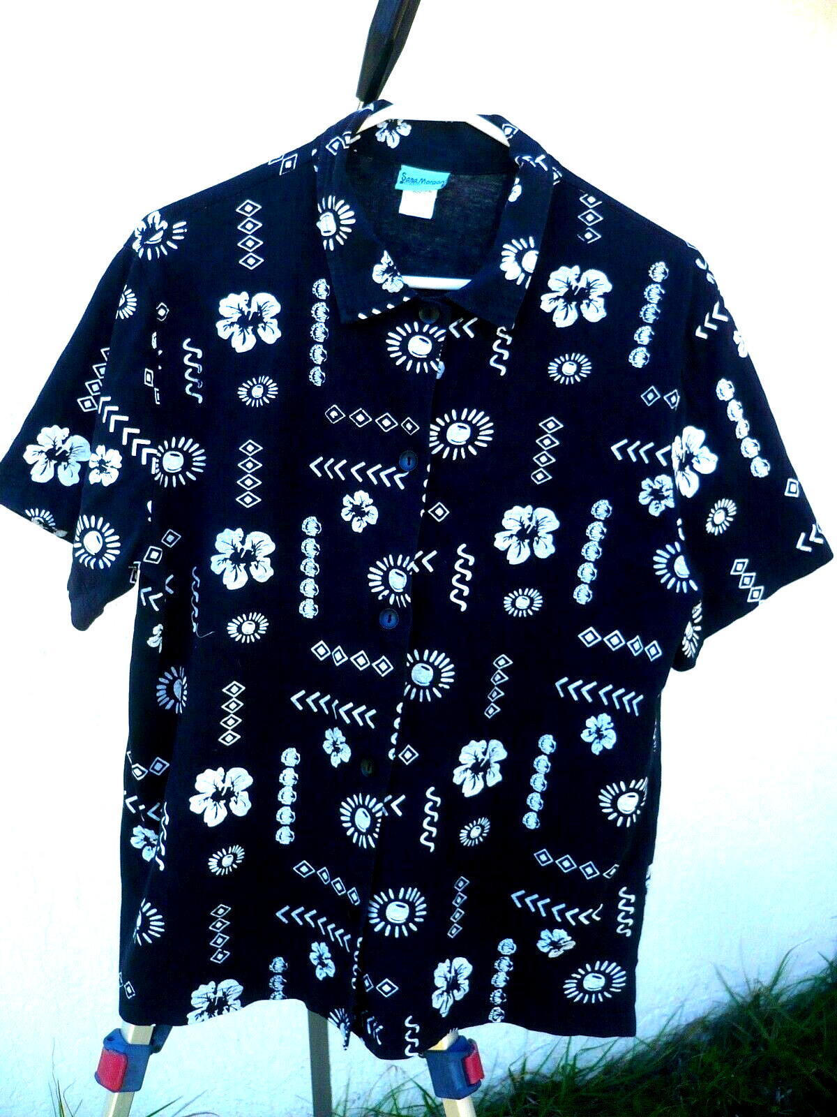 VTG BEACH SHIRT SUN SEA SHELL PRINT BLOUSE WOMEN TROPICAL P L XL HIBISCUS PETITE