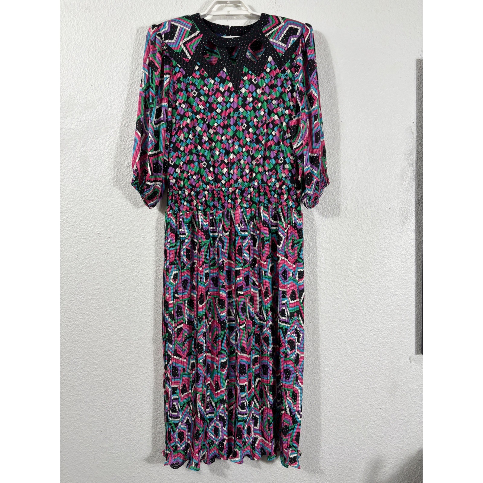 Mayeelok Midi Dress Womens Size Large Multicolor Vintage 80s Geometric Pleated