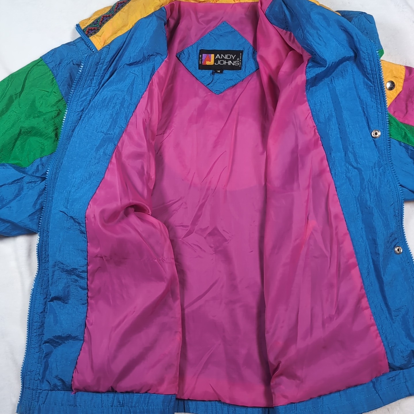 Vintage Andy Johns 90s Nylon Colorblock Jacket Anorak Sz M W/ Shoulder Pads
