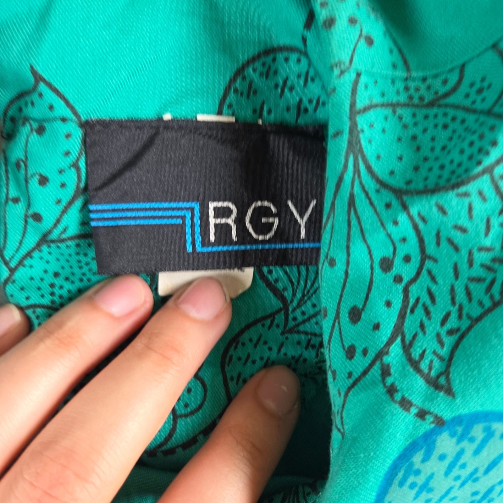 RGY Vintage Floral Midi Dress Womens Medium Teal Green Elastic Waist 80s Retro
