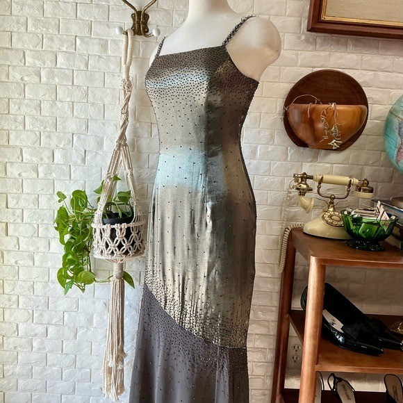 Vintage 1990s Y2K Cache Olive Satin and Chiffon Asymmetrical Hem Beaded Gown
