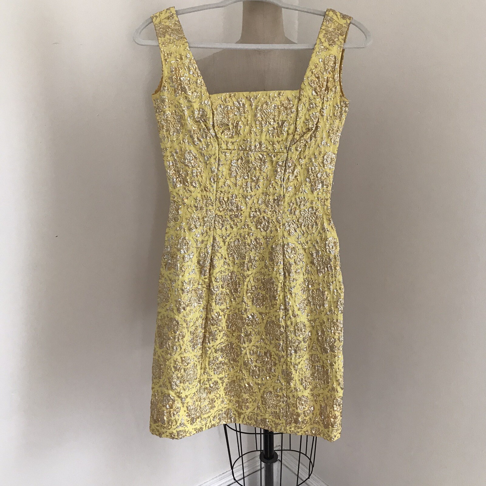 Vintage Brocade Gown Mini Dress Jacket Yellow Gold and silver Metallic 3pcs. XS