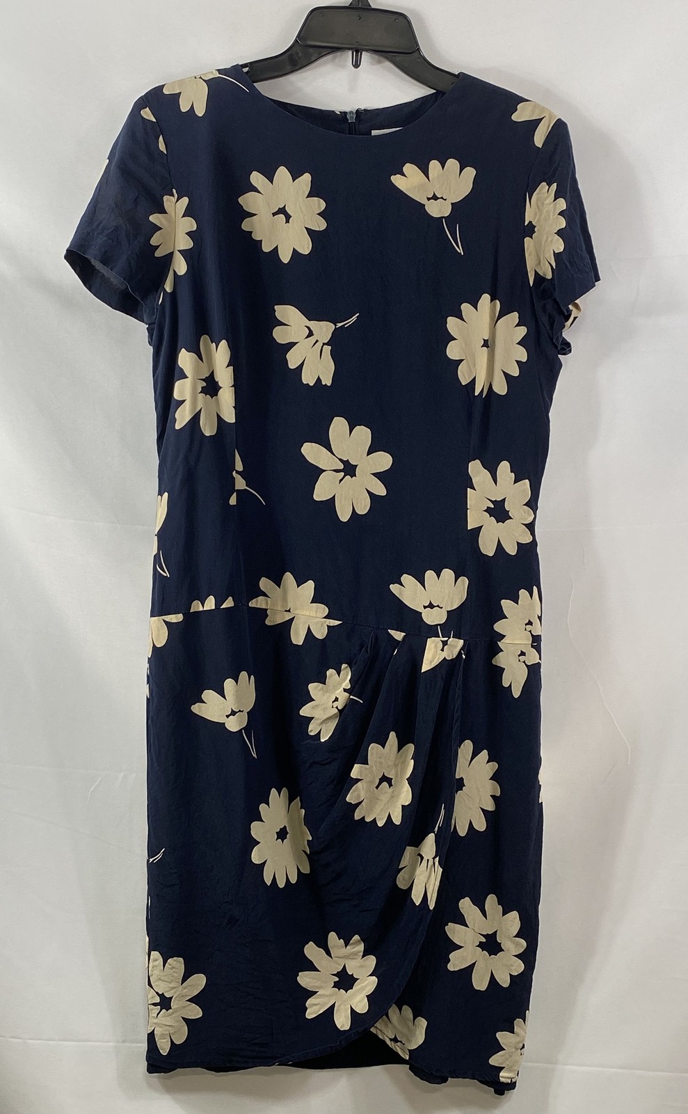 Vintage 90s Jaeger Women’s Navy Blue 100% Silk Floral Short Sleeve Dress Made UK
