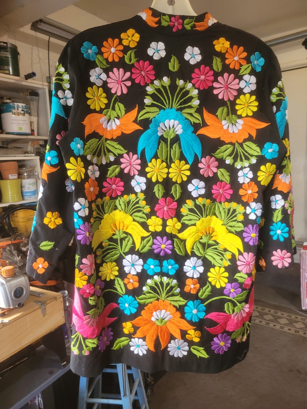 Vintage Black Jacket With Colorful Floral Embroidery By Chuchi