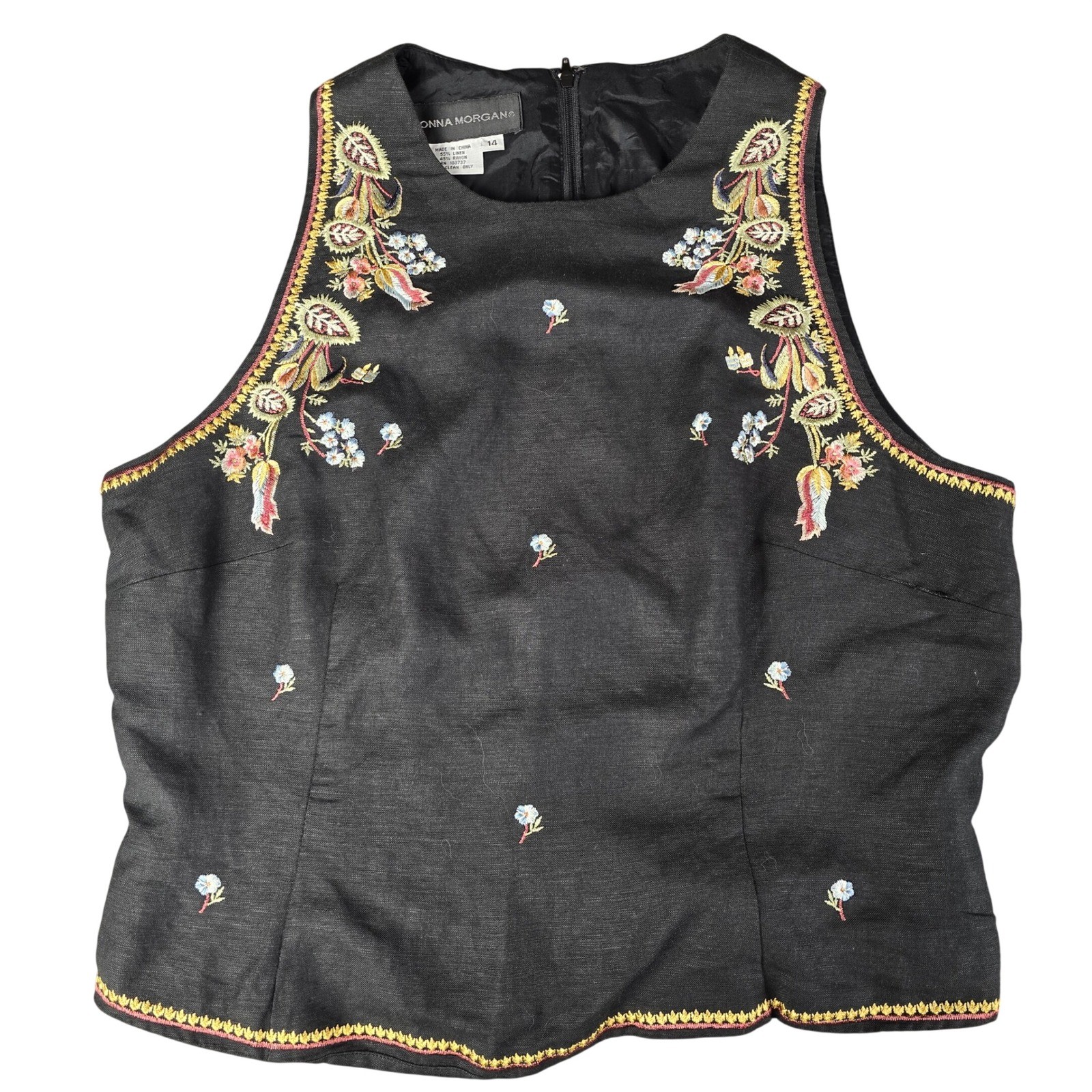 Donna Morgan Vintage Black Linen Blend Floral Embroidered Sleeveless Top Size 14