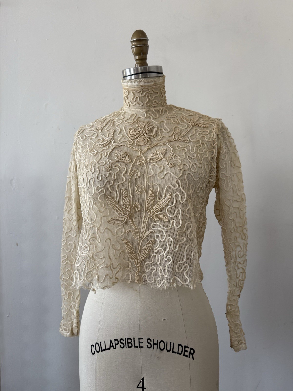 Antique Sheer Net Lace Blouse Top Cord Soutache Embroidery Art Nouveau Bridal XS