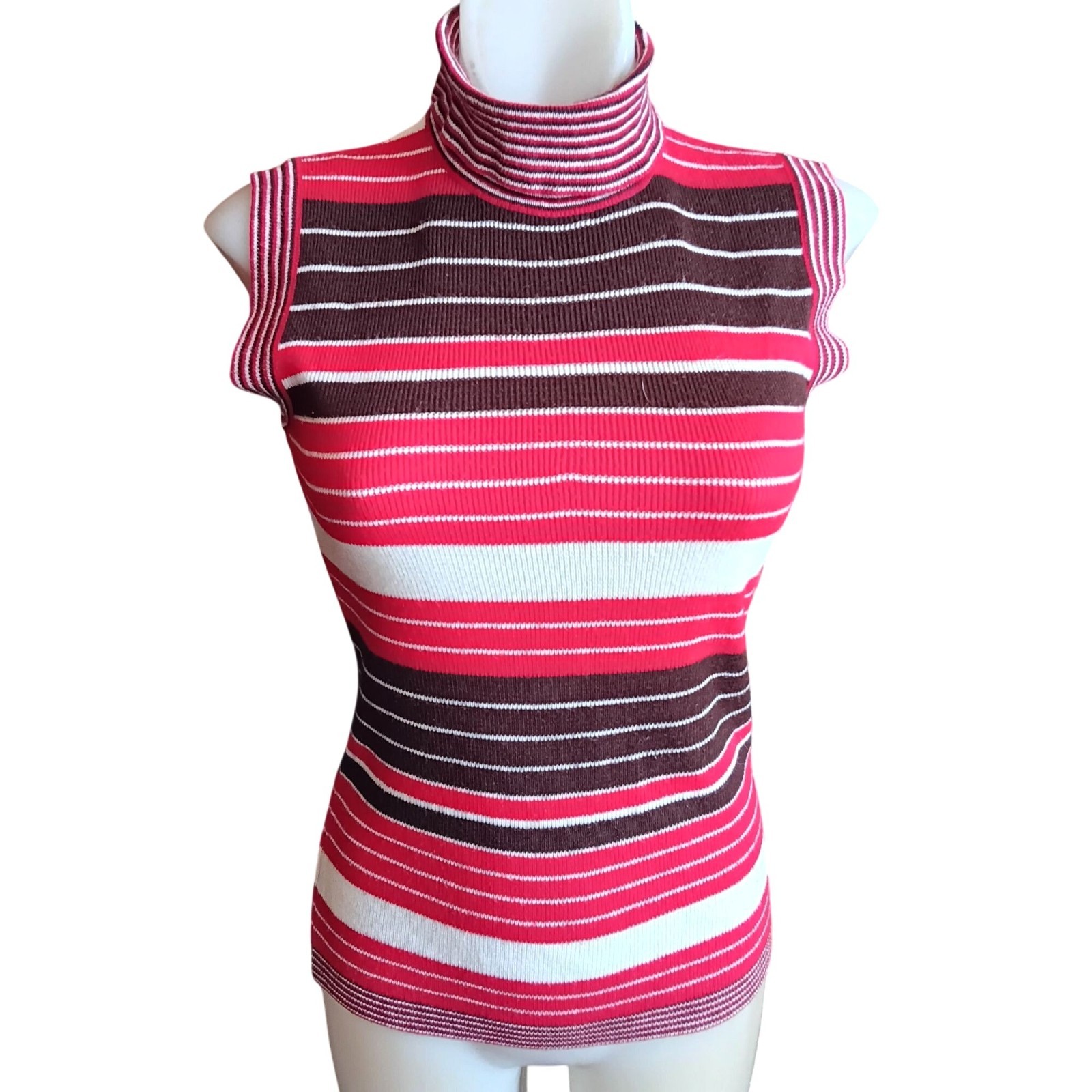 True Vintage Top Medium 1970’s Sleeveless Striped Turtleneck Back Zipper Boho
