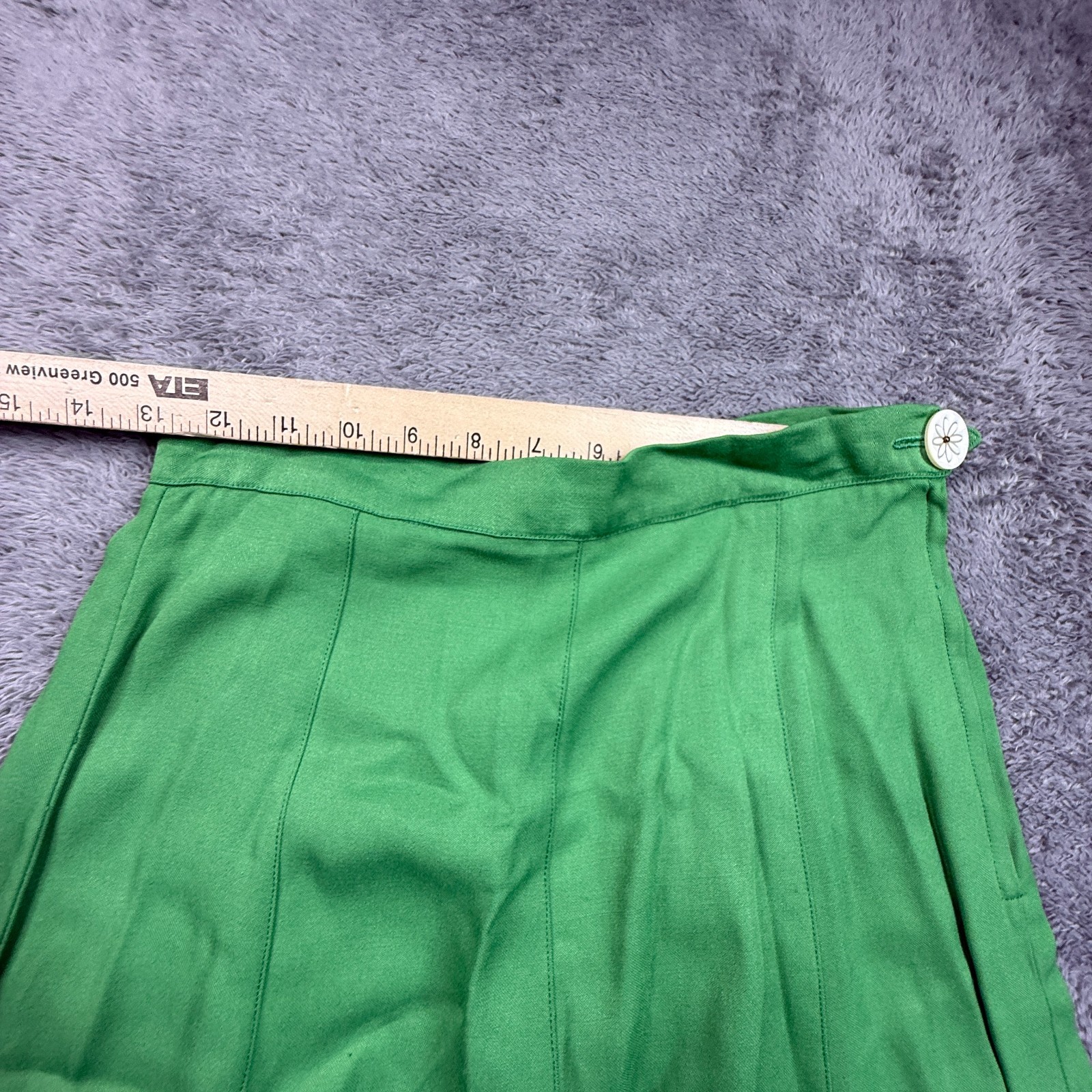 Vintage 70s Green Gabardine Pleated Maxi Skirt Womens Flower Button Back Zip XS