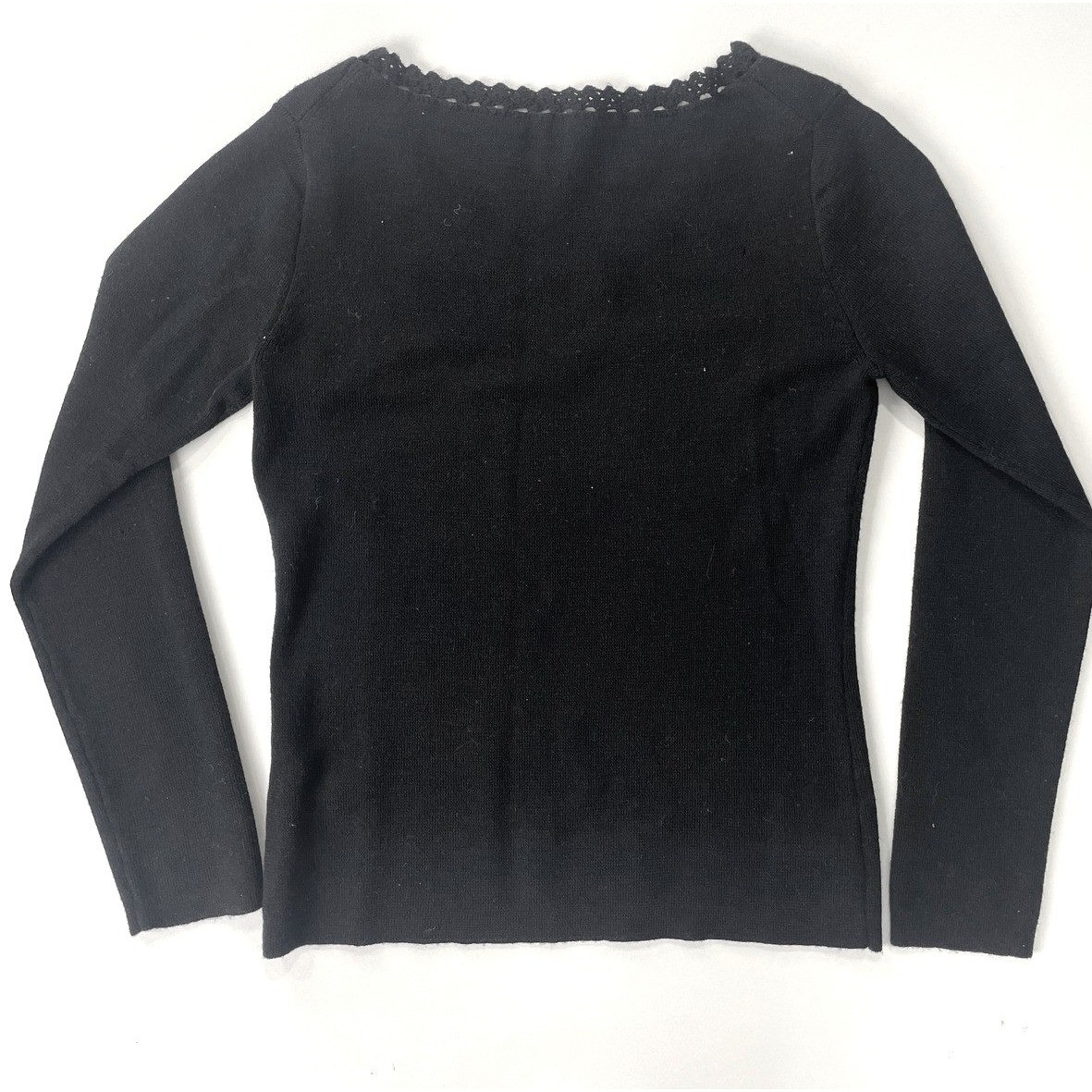Vintage J.Crew Merino Wool Knit Top Black Crochet Lace V-Neck Long Sleeve Med P