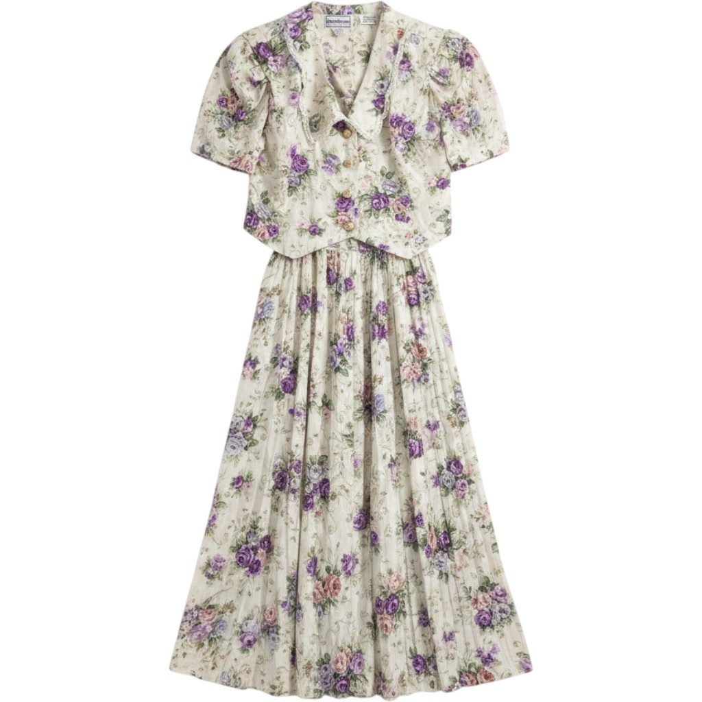 Karin Stevens Vintage 90s Floral 2 Piece Maxi Dress Set Ivory Purple Size 10