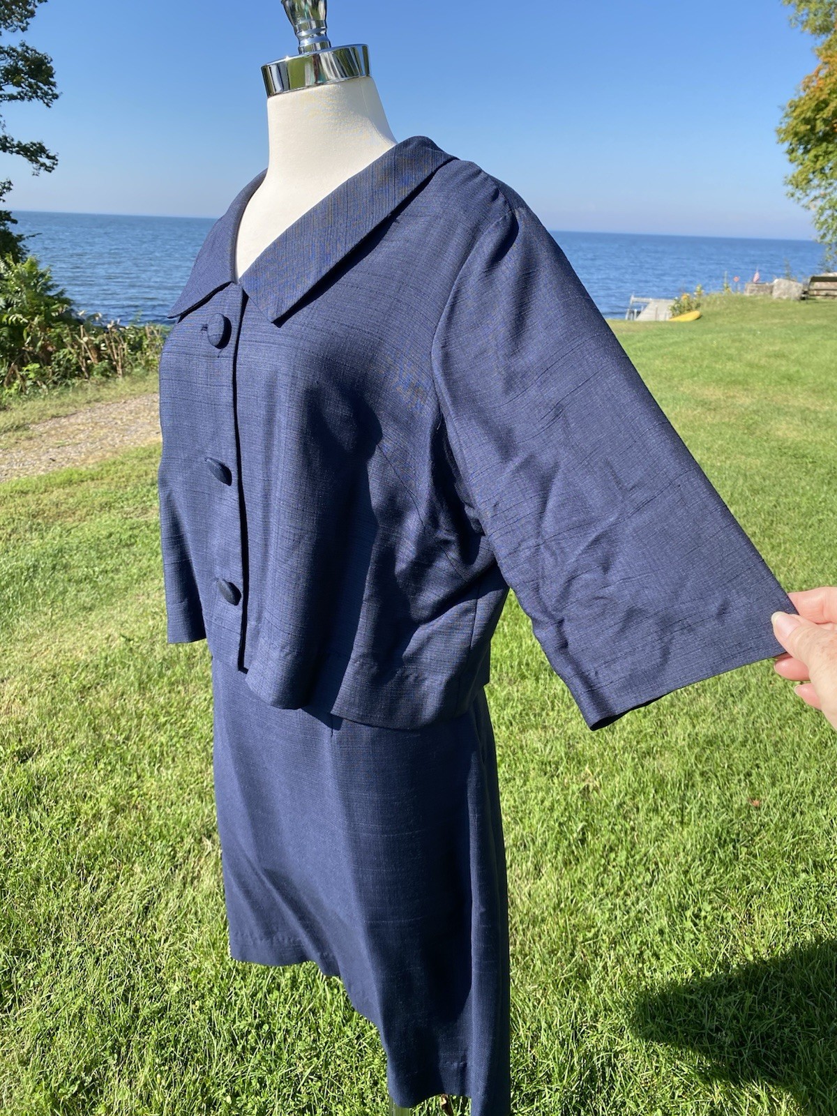 Vtg Korell Blue Skirt Suit 3/4 Sleeve Size 22+ Textured Nylon 1950 60s