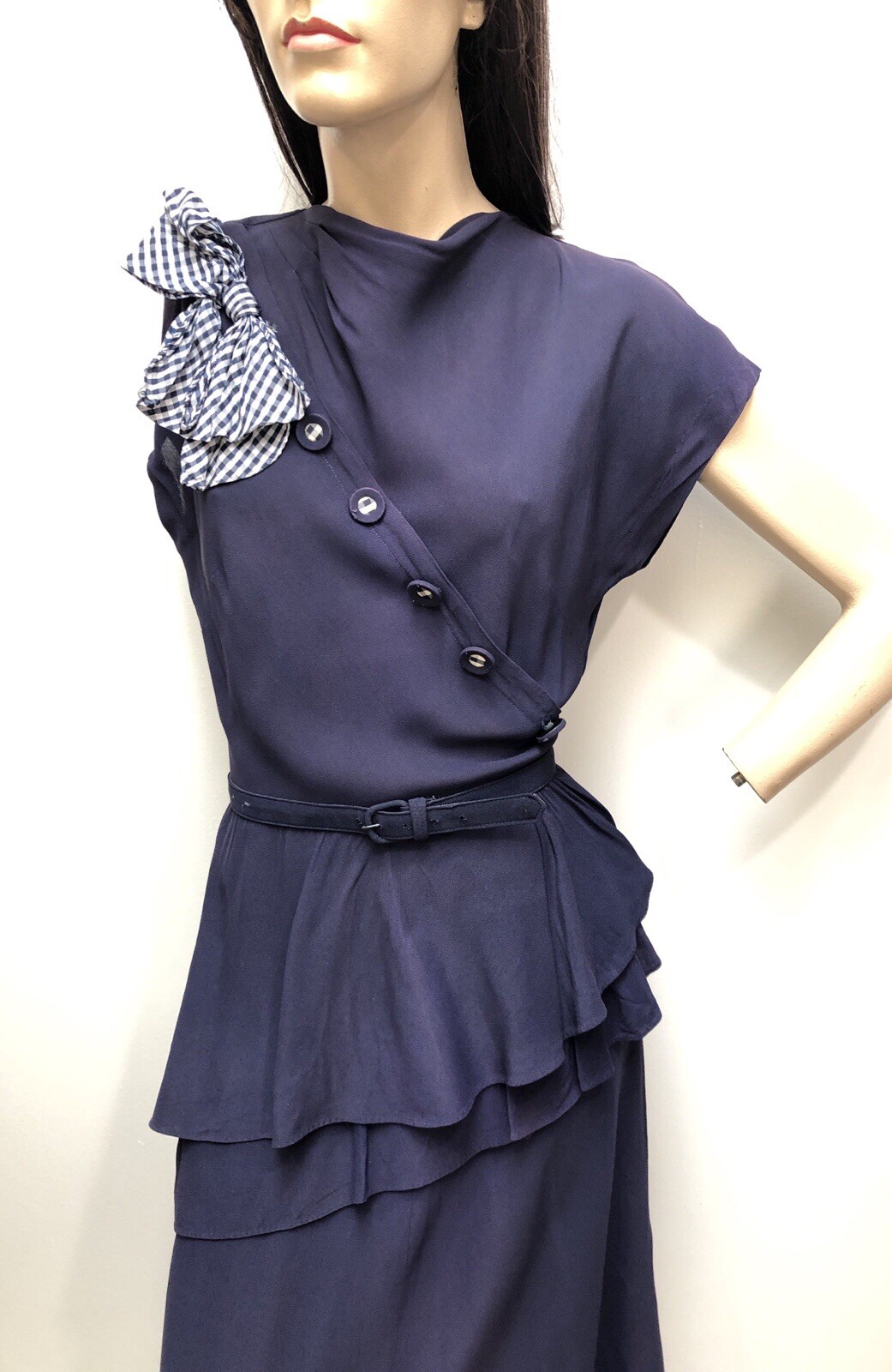 VTG 1940s Rayon Crepe ASYMMETRIC Waterfall PEPLUM Swing Dress *GINGHAM Accents