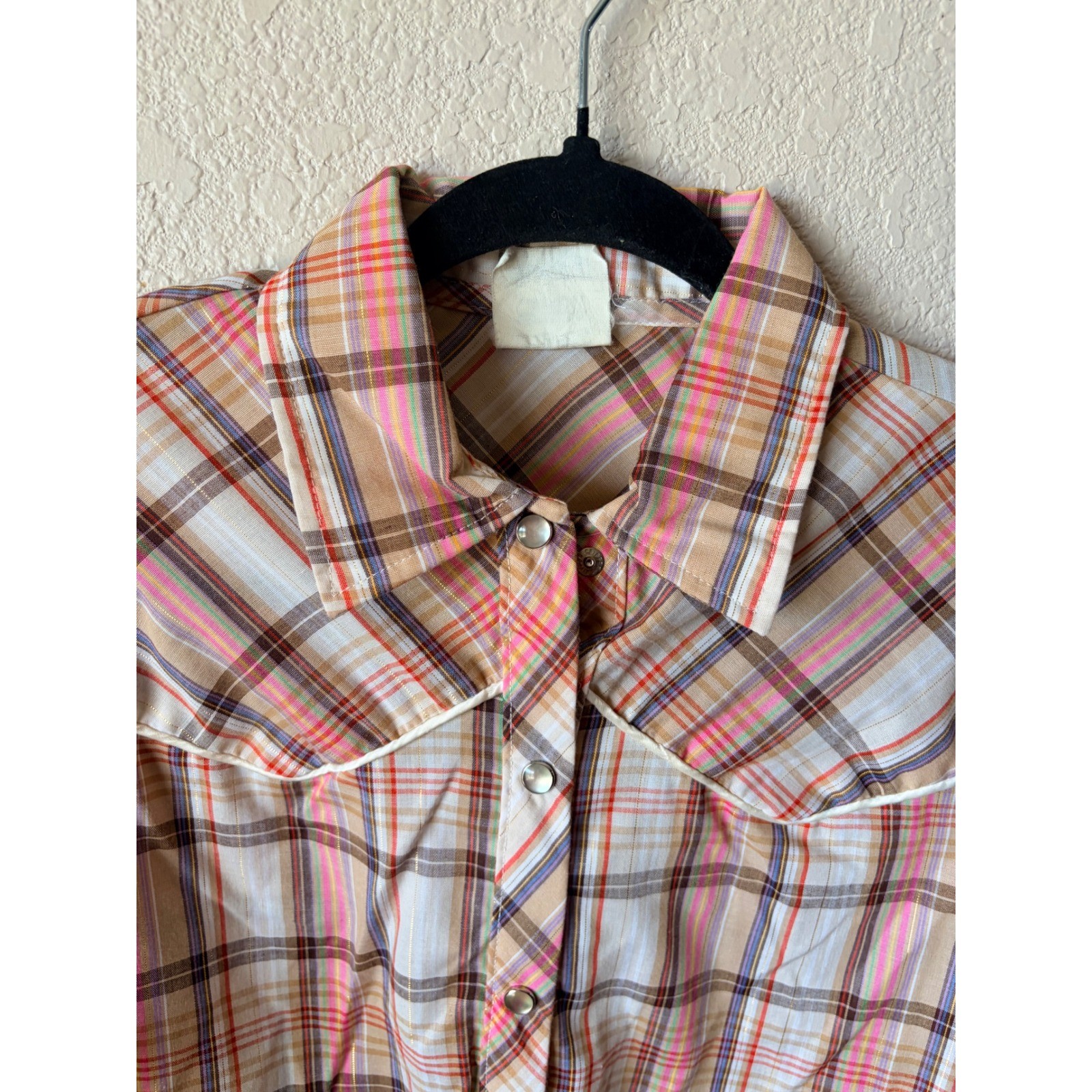 Vintage Land n Sea Western Plaid Snap Button Shirt Pink Tan Fortrel USA Size 36