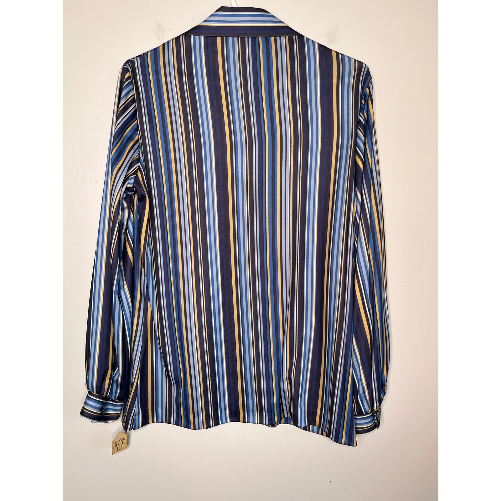Deadstock 1970s Navy Blue Tan White Stripes Retro Disco Button Up Volup Shirt XL