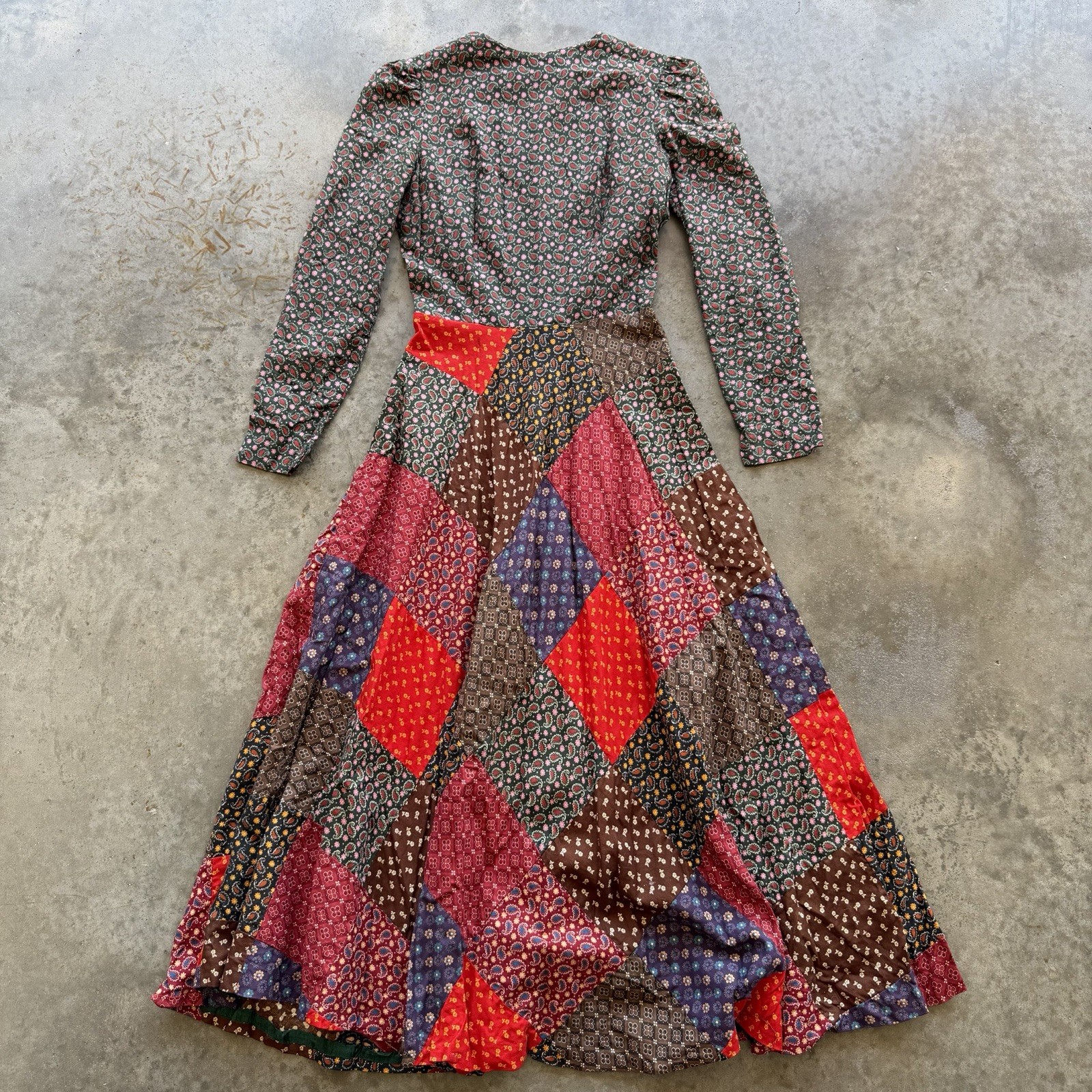 Vintage 70s Paisley Patchwork Dress Size 7 (XS) Long Sleeve Hippie Boho Festival