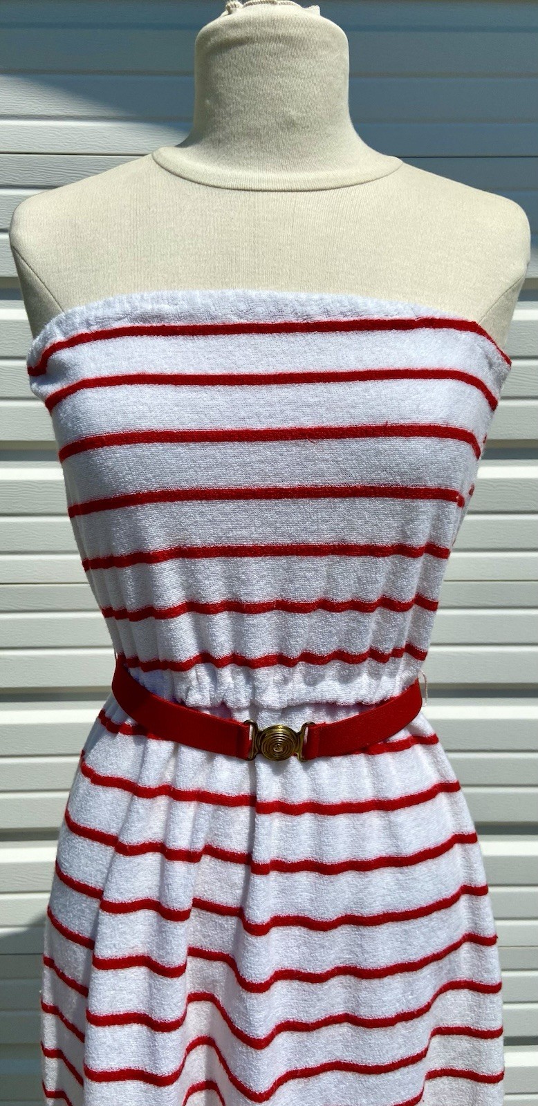 Vintage Auth 70’s Strapless Terry Cloth Tube Top Striped Red White Belt Dress