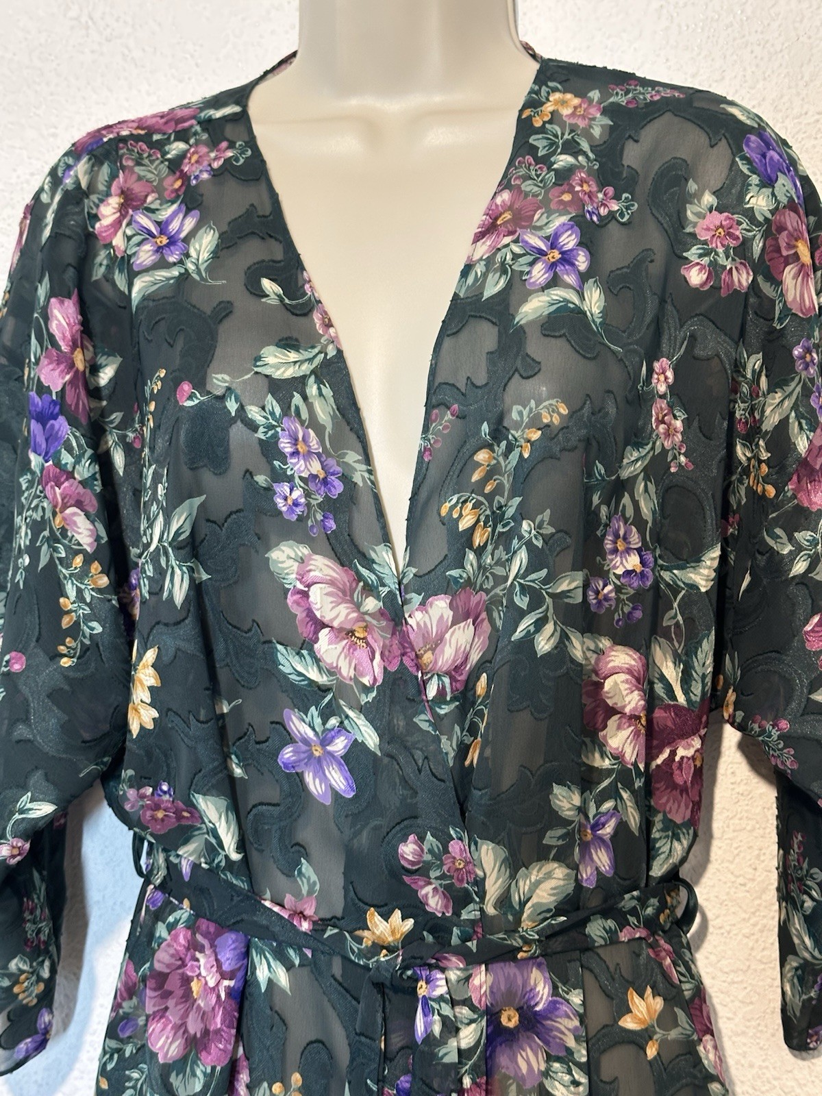 Vintage 90s Dark Semi Sheer Floral Maxi Robe Whimsigoth Wrap Duster Lightweight