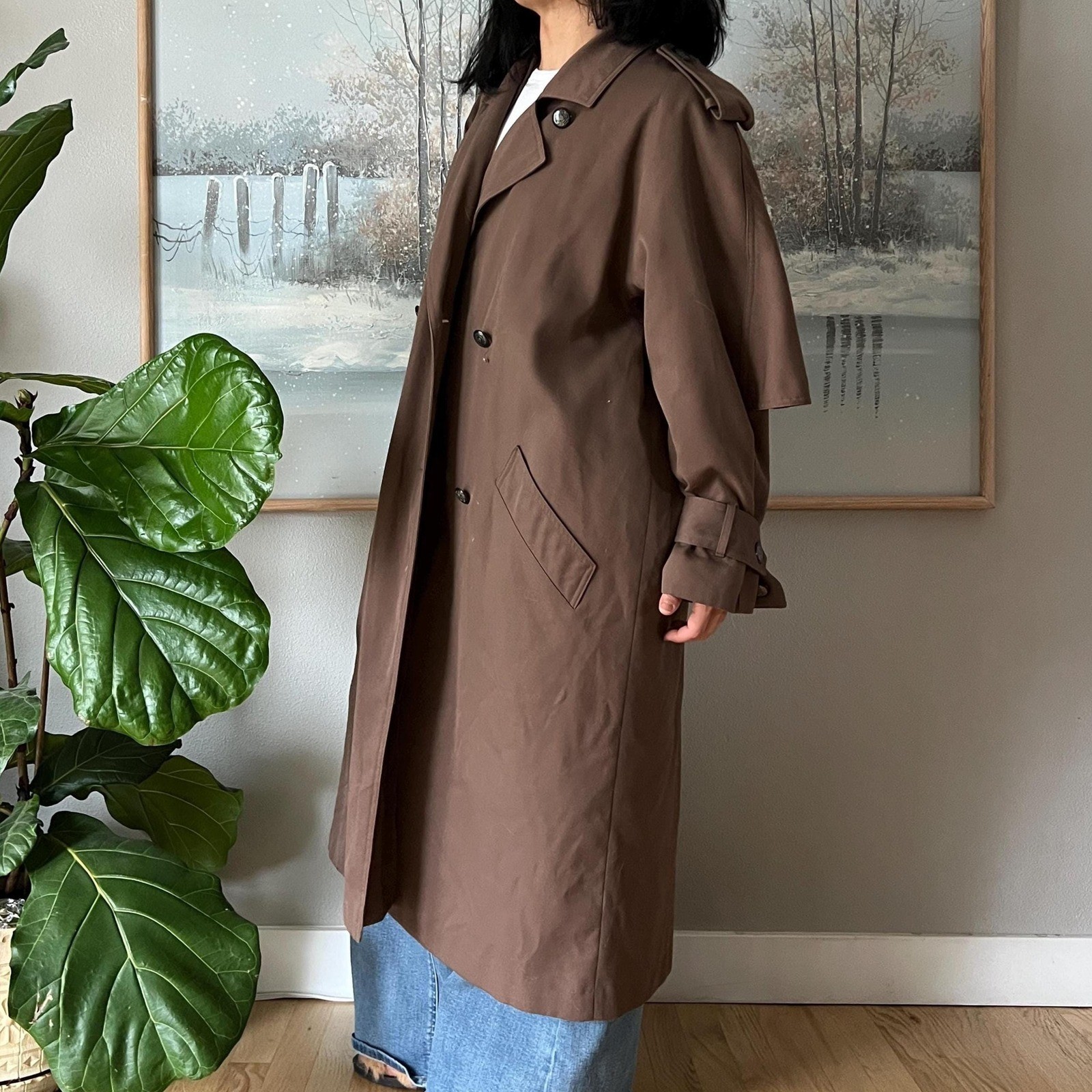 Vintage Brown Trench Coat Minimalist Long Coat Classic Oversized 90s Chic