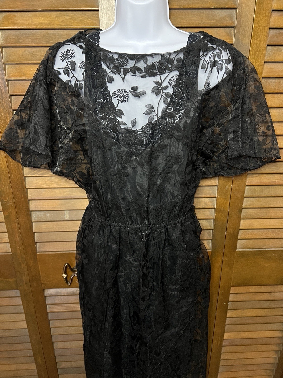 70’s Vintage Handmade Black Flocked Lace Sheer Cover-up Dress Fluted Sleeves