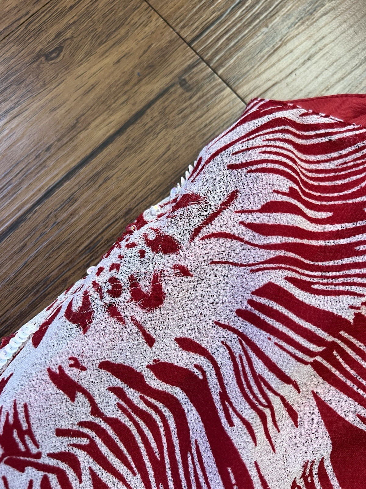 Vintage 90’s Midnight Velvet Maxi Dress Large Tropical Red Chiffon Sequin Bias