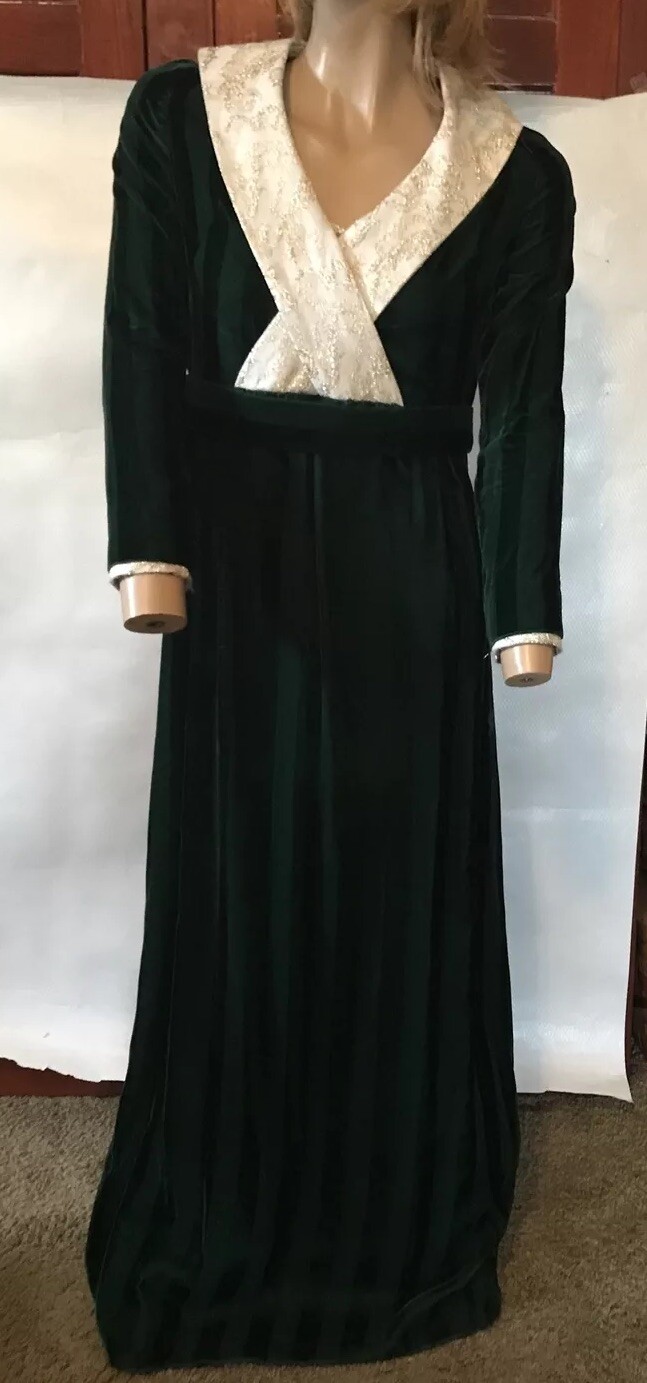 Vtg Handmade Dress Costume Green Striped Cotton Velvet Brocade Maxi Sz 4-6 Xmas