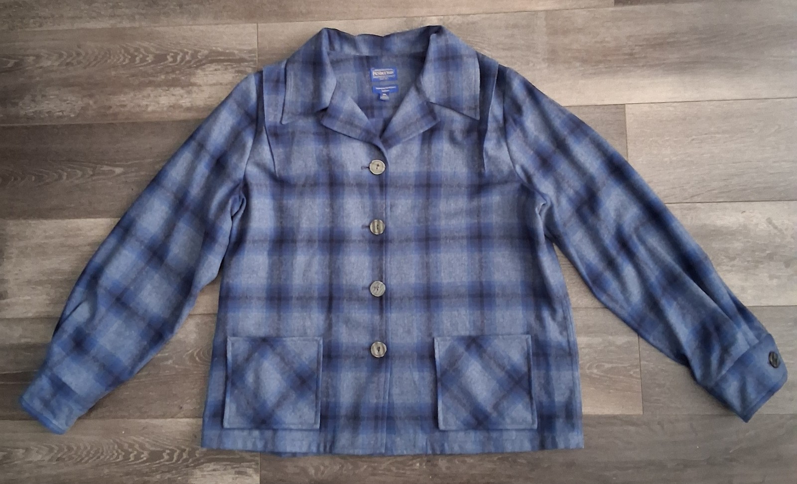 Vintage Pendleton 49ers Wool Tartan Plaid Shirt Jacket Blue Grey Womans Size XL