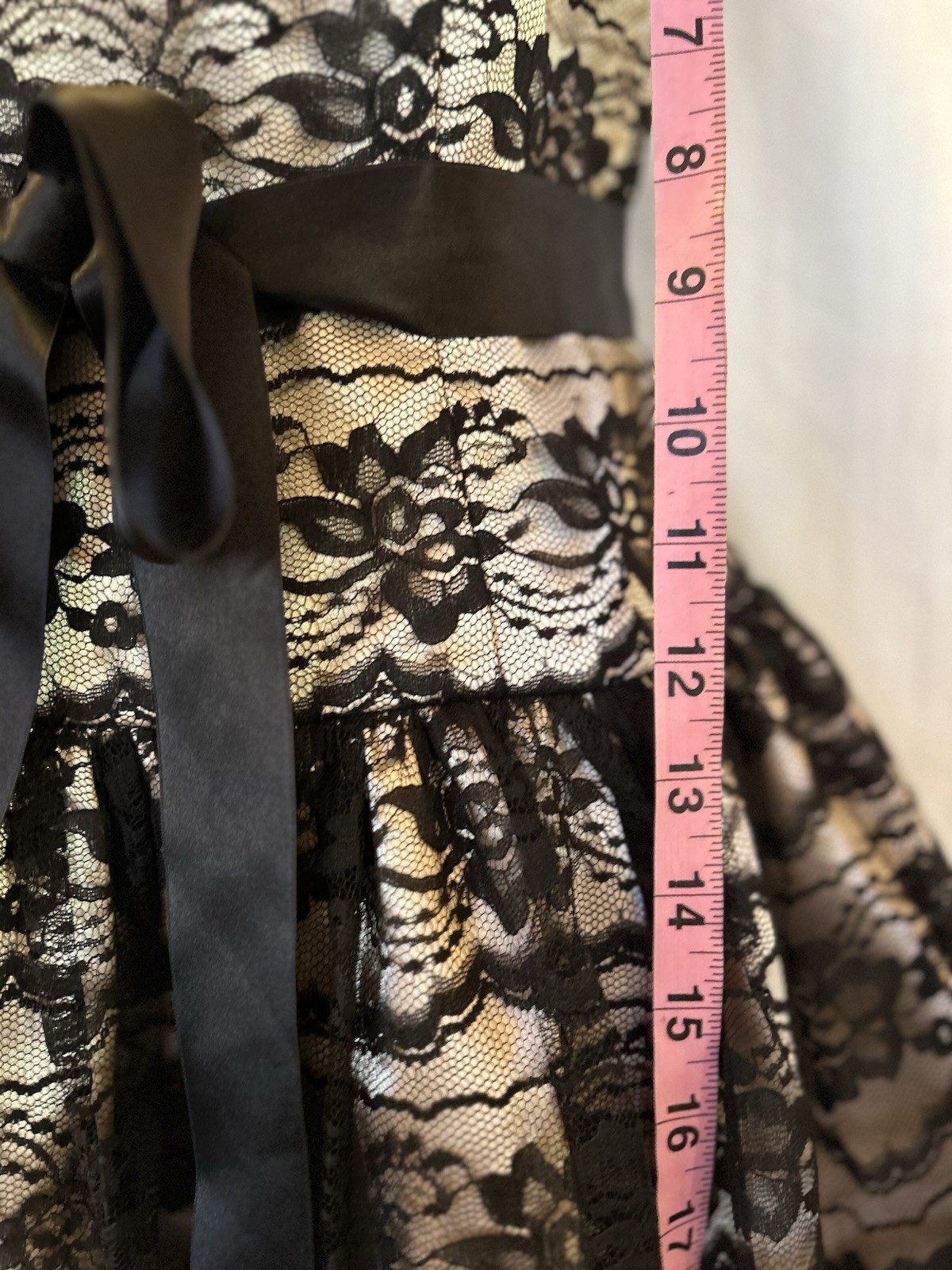 VTG 90s Gunne Sax Black Lace Champagne Satin Strapless Formal Prom Mini Dress 4