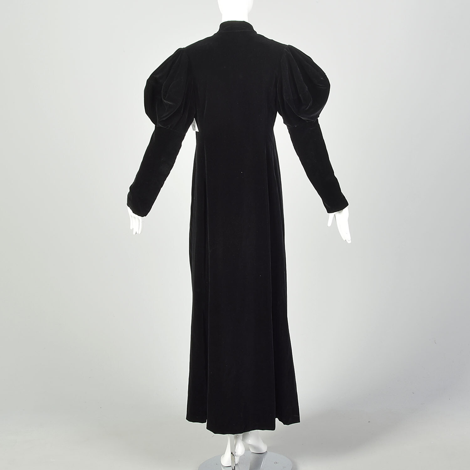 XS 1940s Black Velvet Opera Coat Juliet Sleeve Pussybow Maxi Outerwear VTG 40s