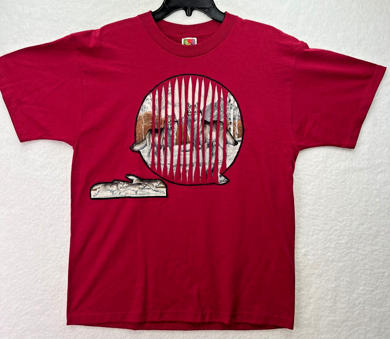 Vintage Wolves in Woods Nature T-shirt Handmade Womens Maroon FOTL Best Sewing