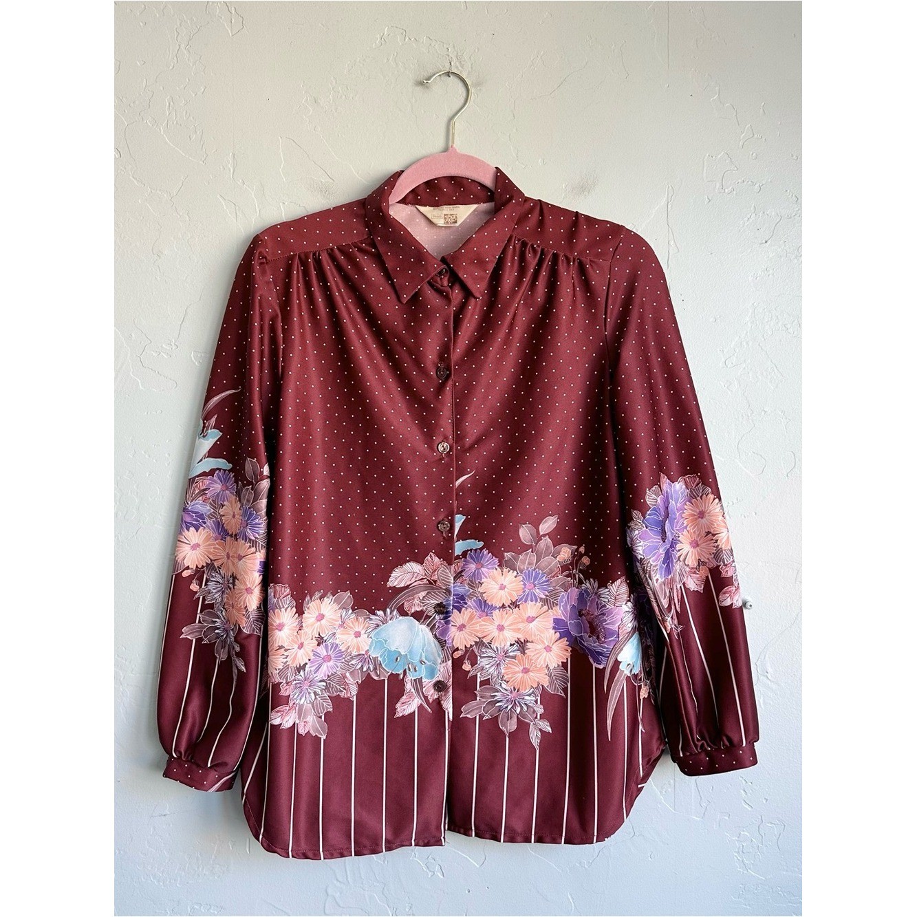 Vintage 70’s 80’s Women’s Sears Brown White Polka Dot Floral Button-Up Blouse M