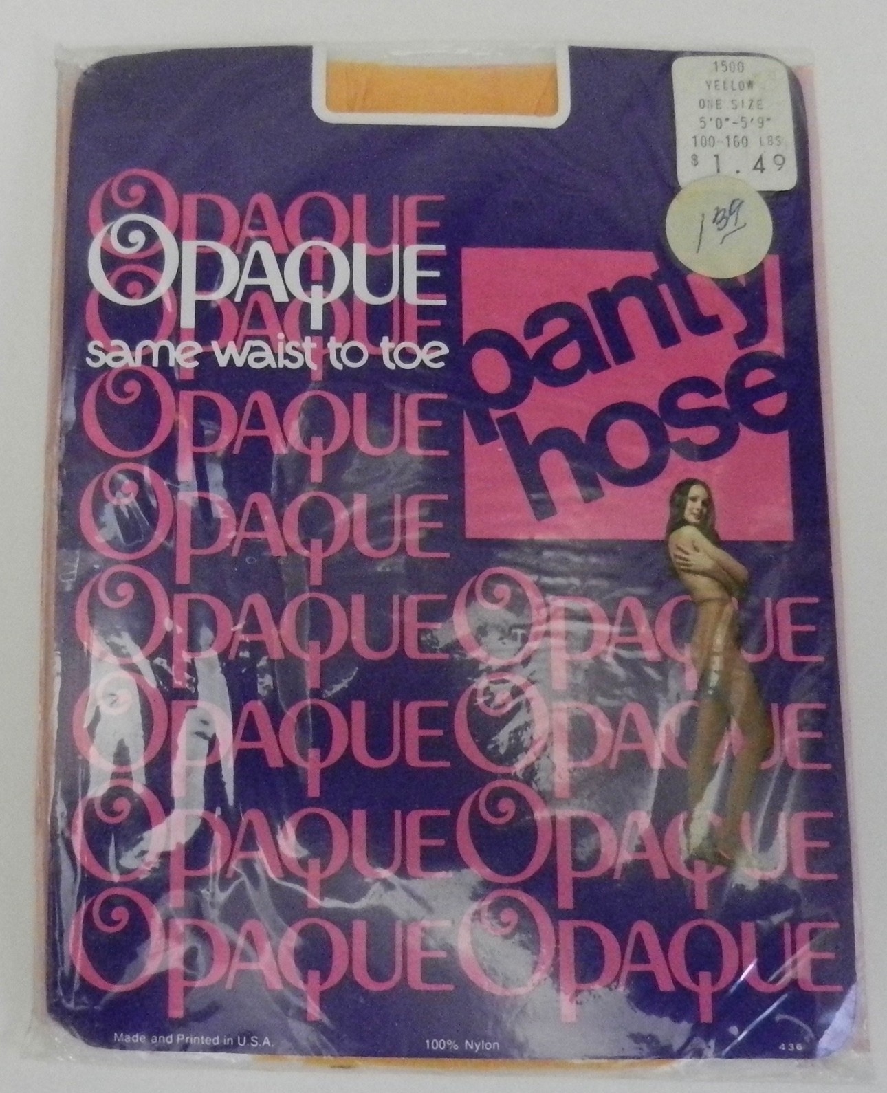 1 Pair Vintage Opaque Same Waist to Toe Panty Hose Size 5’0” to 5’9” Yellow