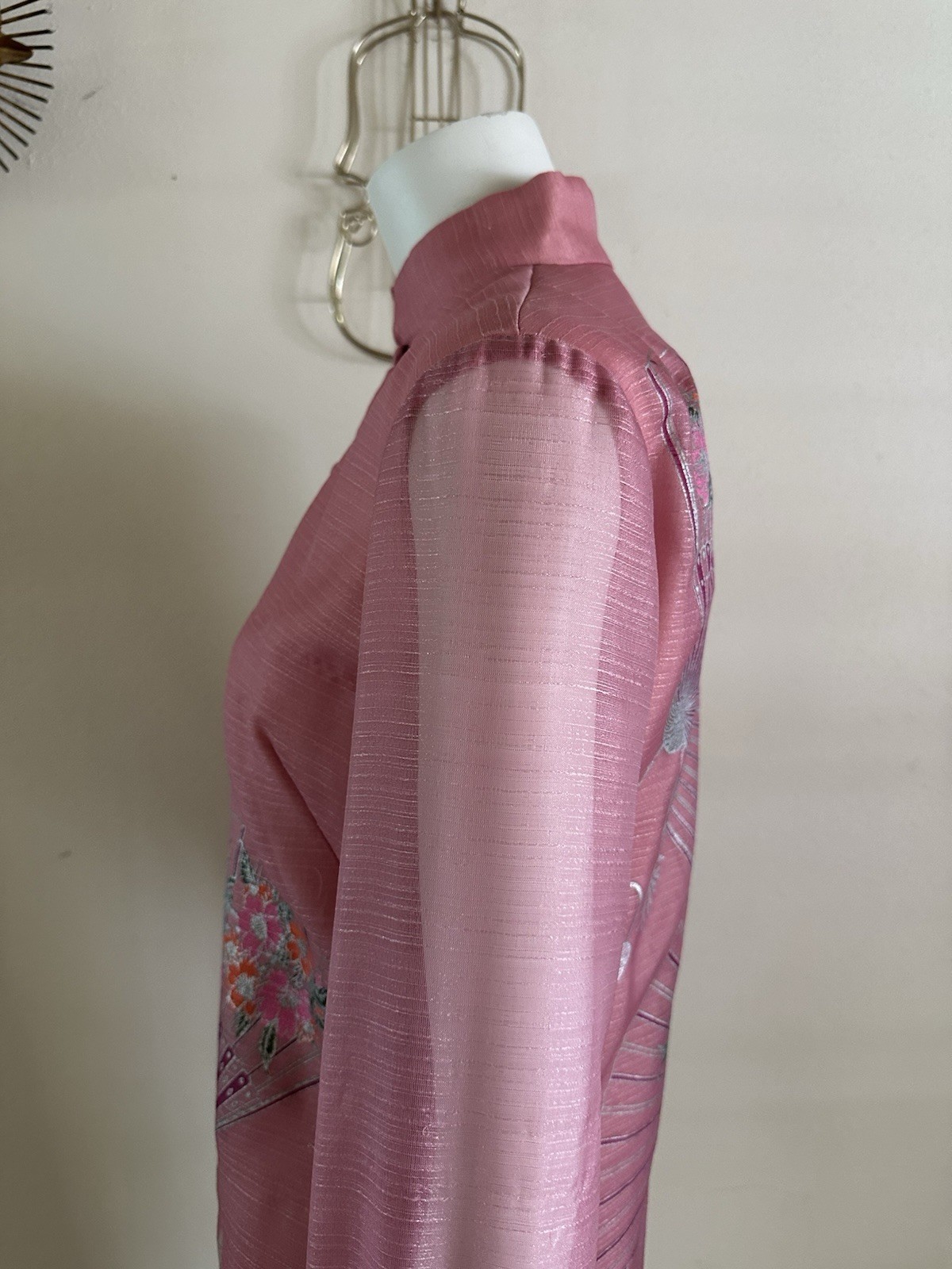 Vintage 60s 70s Alfred Shaheen Pink Fan Print Hostess Shift Dress Sheer Sleeve