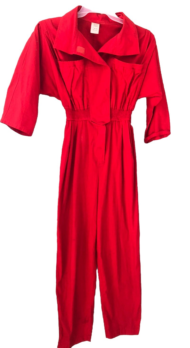 Red Cotton Jumpsuit Size 10 Belt Hook Loop Front 3/4 Sleeves 1980s Costume