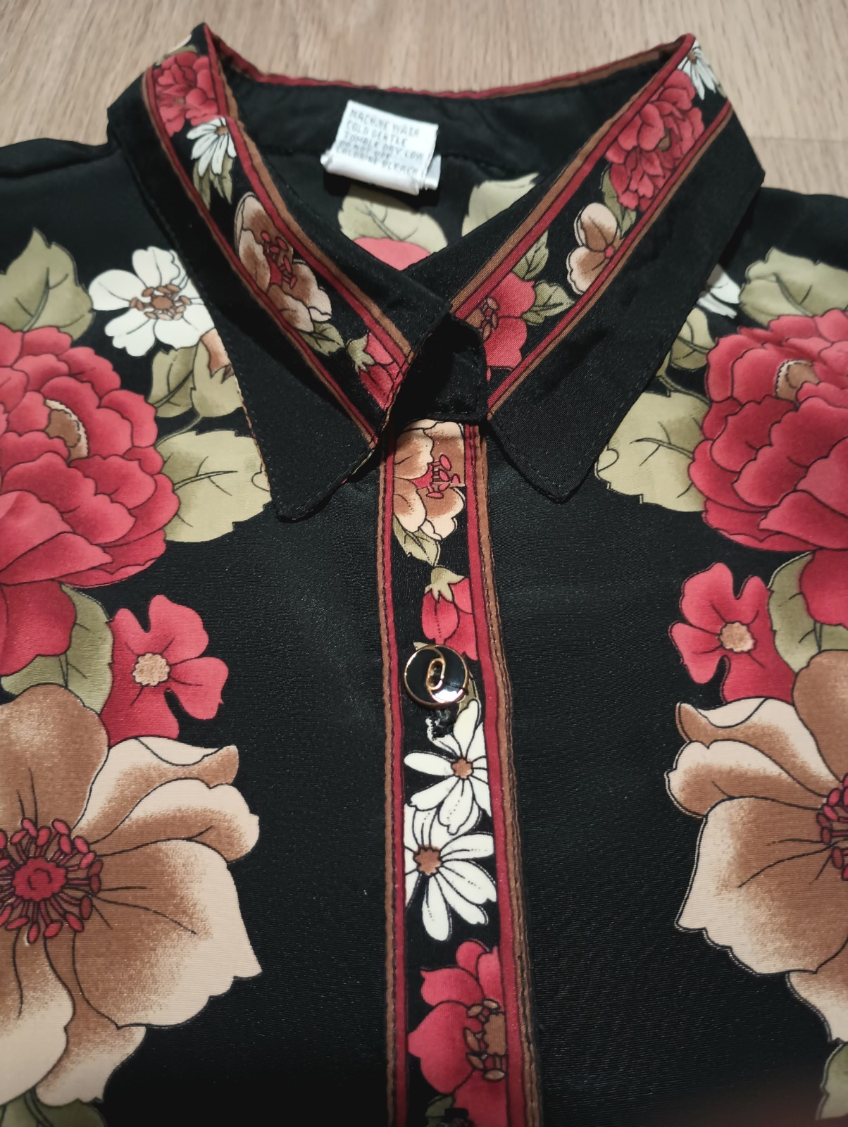 Vtg 80s Floral Bouquet Draped Button Up Blouse Top kitsch baroque M