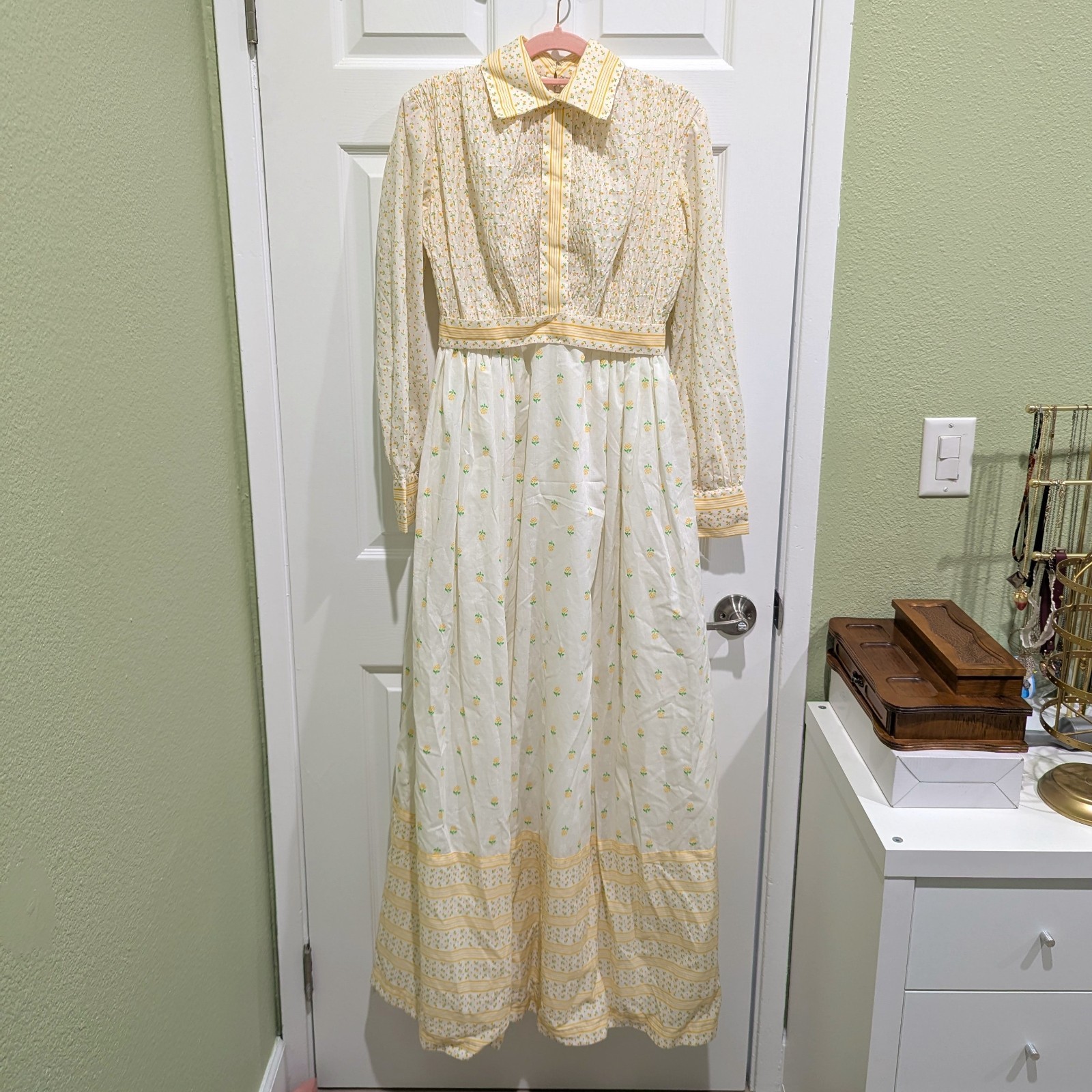 Vintage 70s White and Yellow Floral Prairie Maxi Dress