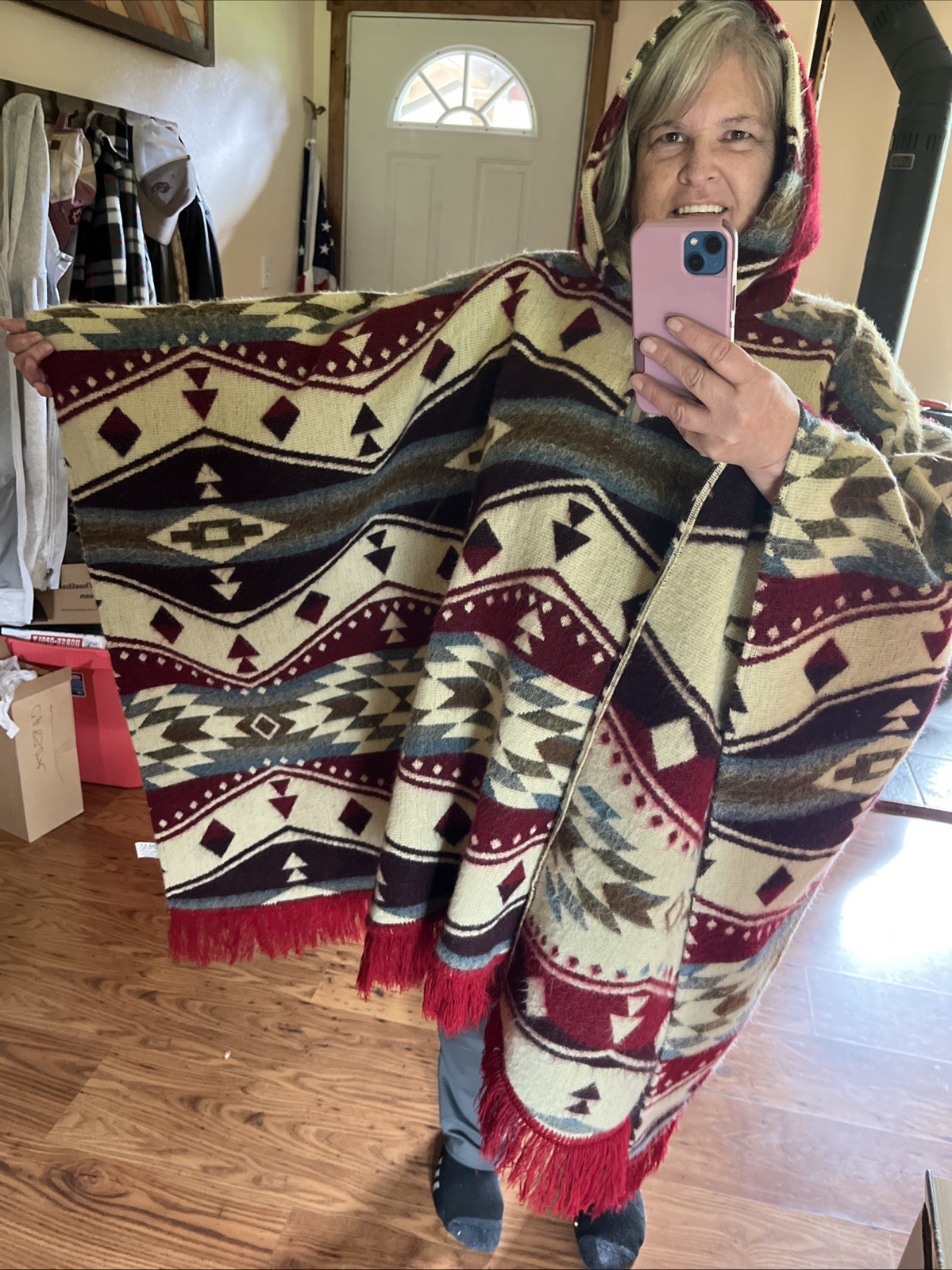 Alpaca Wool Hooded Native American Poncho OS Adult Southwestern Aztec Kay