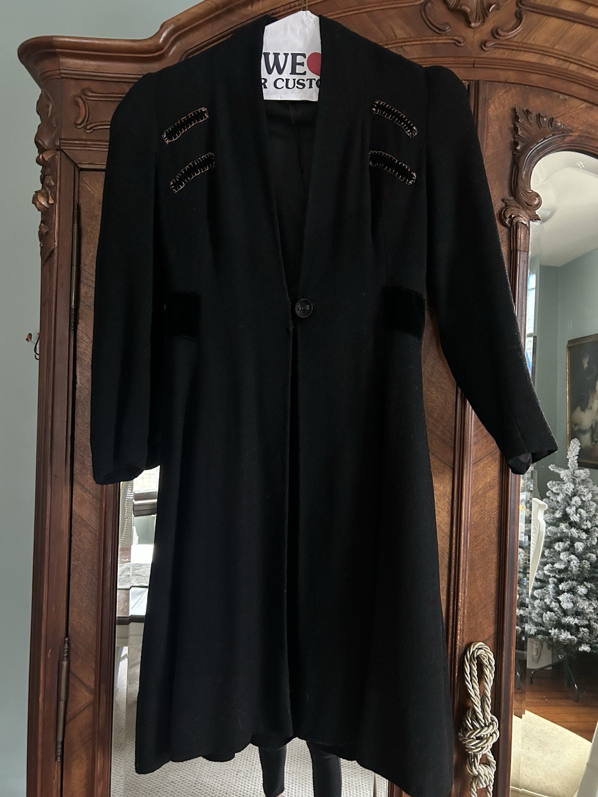 Vintage 1940s Black Wool Crepe Swing Coat With Embroidered Velvet Detail Size 4