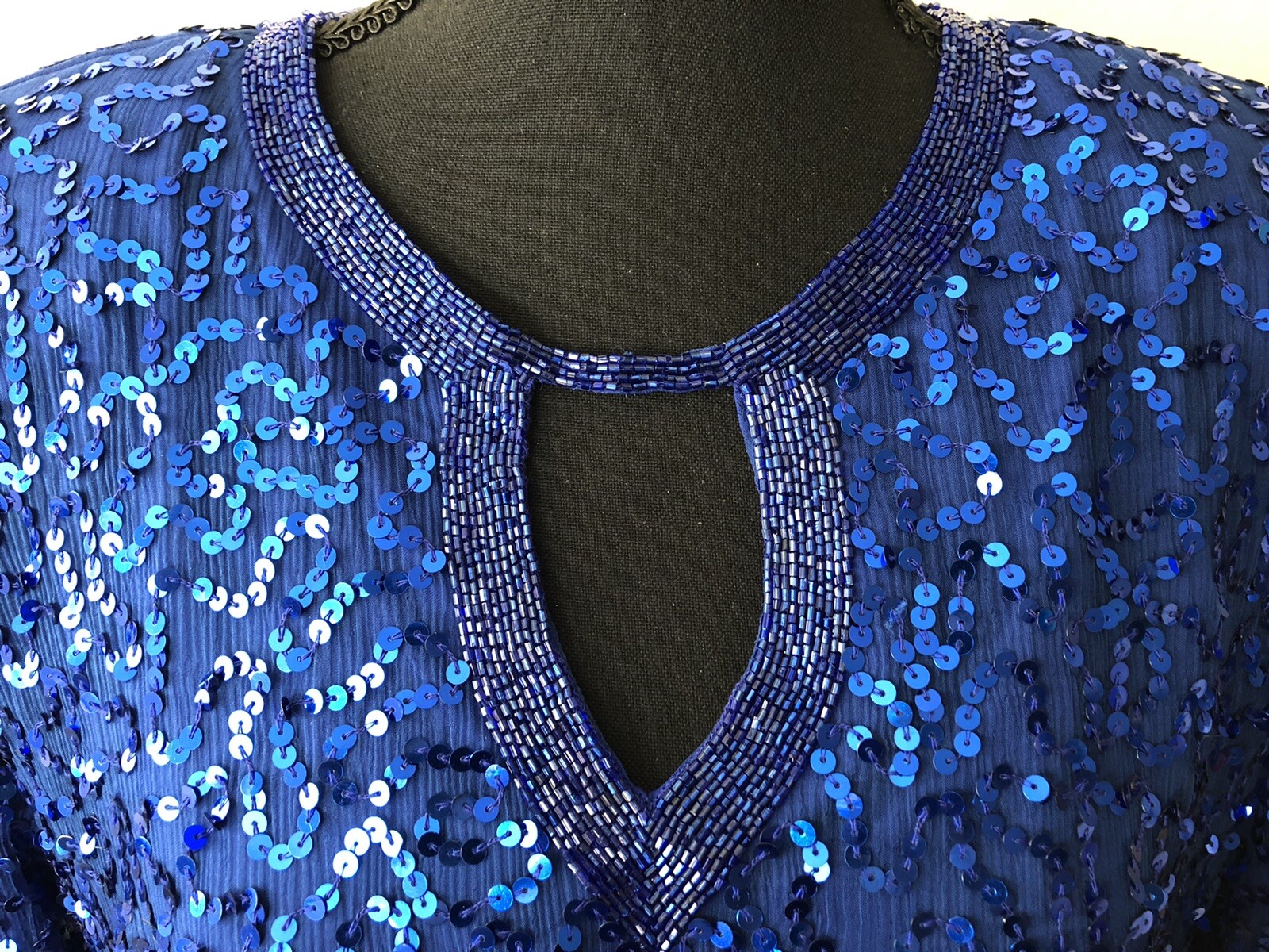 Vintage ’80s Joseph Le Bon Royal Blue Sequined & Beaded Tunic Top Cutout L/XL