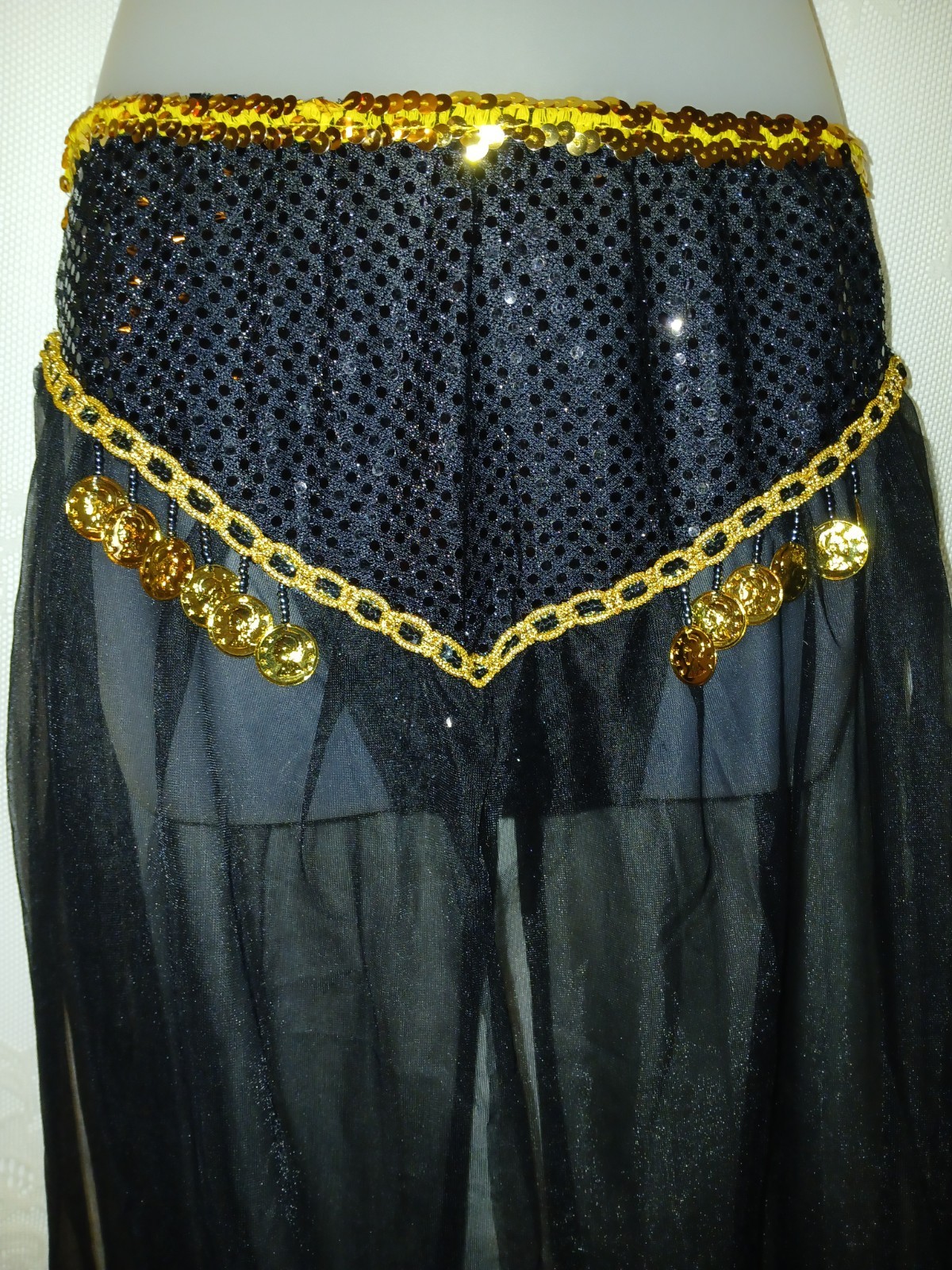 Vintage Belly Dancing Harem Genie Costume Black Chiffon Sequin Gold Coins XS