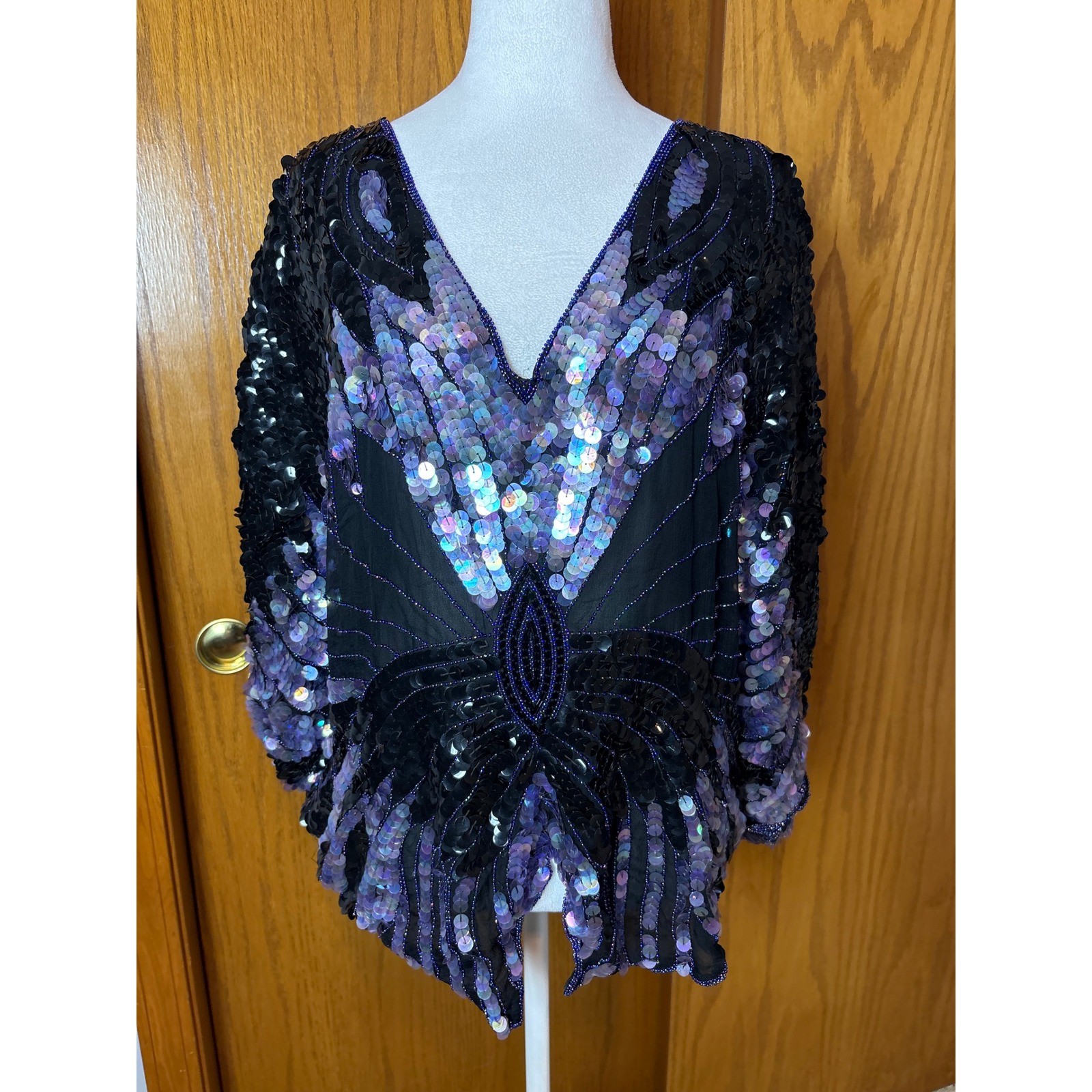 Shomax Vintage Silk Sequin Butterfly Top Iridescent Purple Beaded Batwing Blouse
