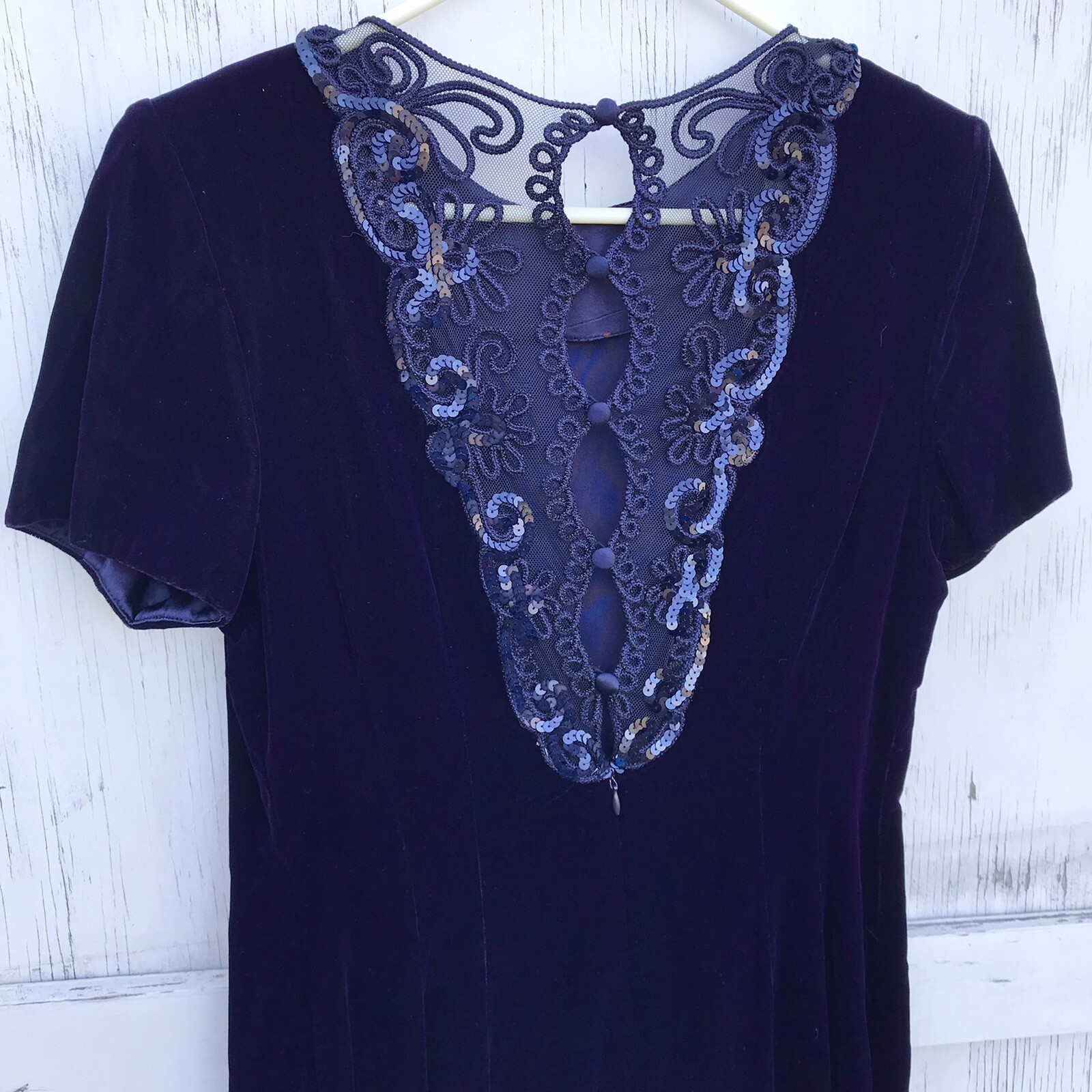 MAGGY LONDON 8 10 Purple VELVET DRESS Mesh Lace Back Vtg 80 90s Vamp Goth Prom
